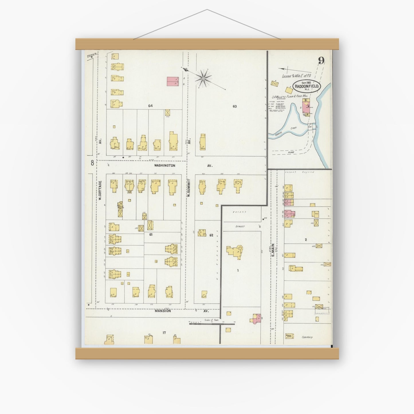 Old map wall art mockup — magnetic wood frame on white wall — Sanborn Fire Insurance Map from Haddonfield, Camden County, New Jersey (1902), Sheet #0009
