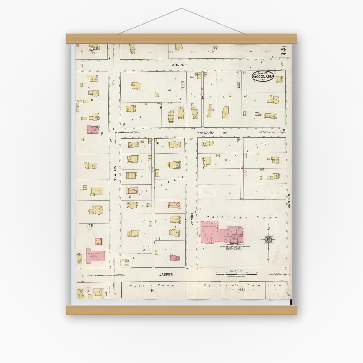Old map wall art mockup — magnetic wood frame on white wall — Sanborn Fire Insurance Map from Goodland, Newton County, Indiana (1933), Sheet #0002