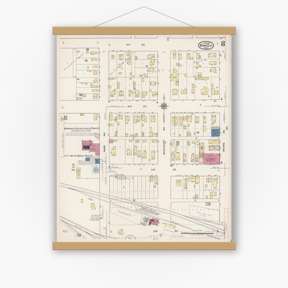 Old map wall art mockup — magnetic wood frame on white wall — Sanborn Fire Insurance Map from Bemidji, Beltrami County, Minnesota (1922), Sheet #0008