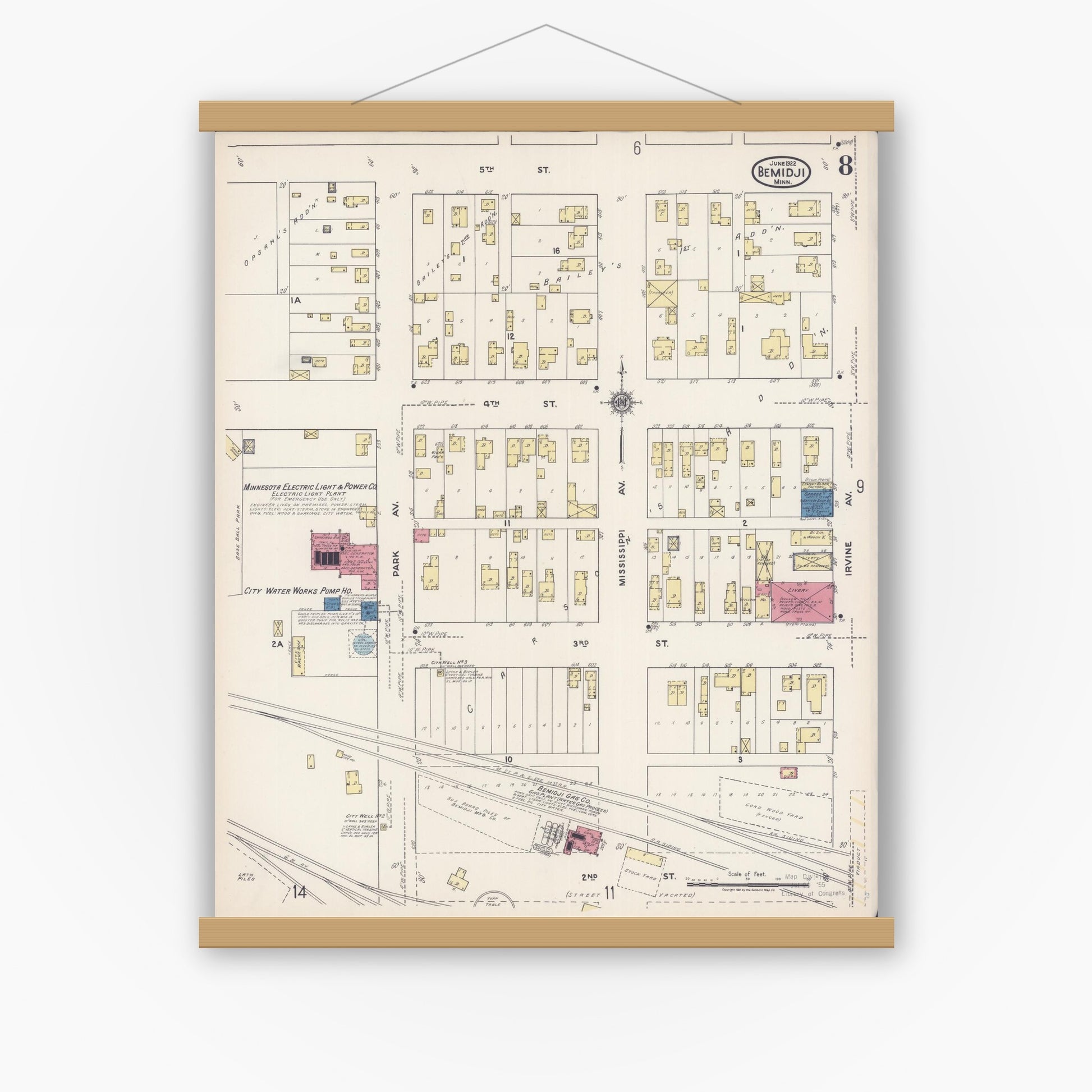 Old map wall art mockup — magnetic wood frame on white wall — Sanborn Fire Insurance Map from Bemidji, Beltrami County, Minnesota (1922), Sheet #0008