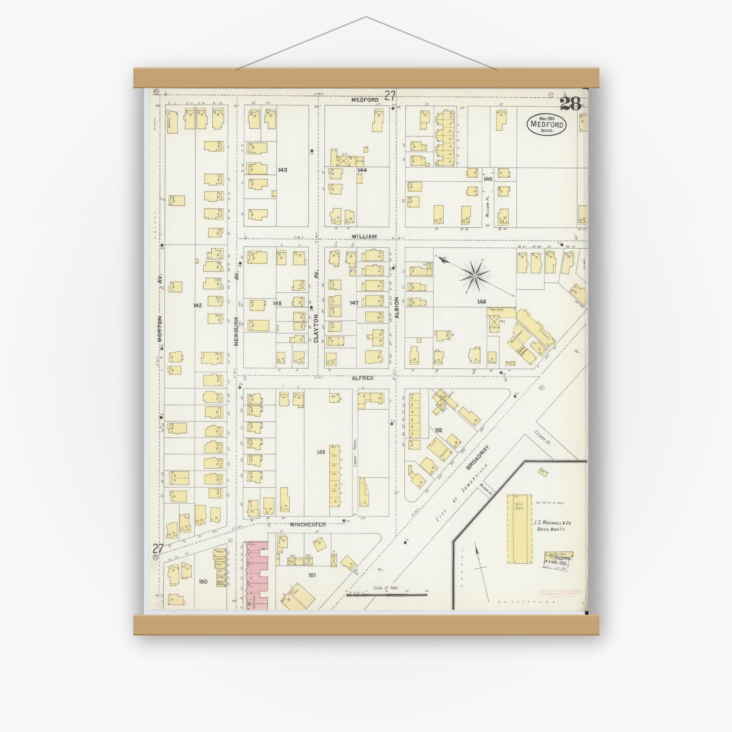 Old map wall art mockup — magnetic wood frame on white wall — Sanborn Fire Insurance Map from Medford, Middlesex County, Massachusetts (1903), Sheet #0028