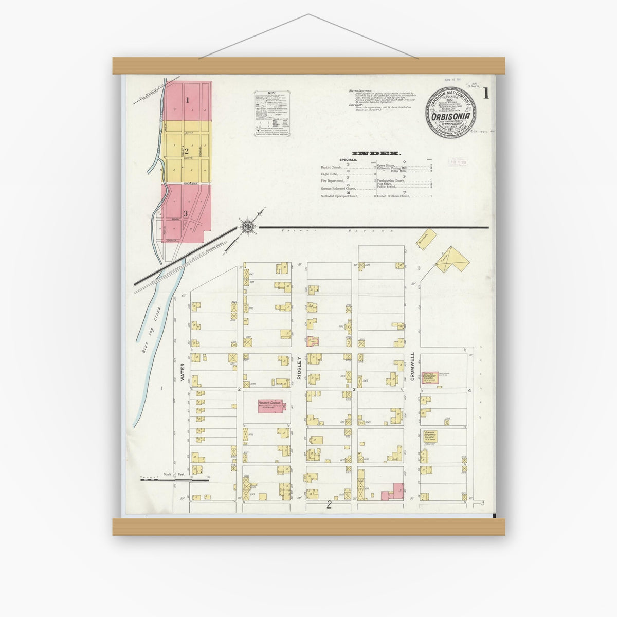 Old map wall art mockup — magnetic wood frame on white wall — Sanborn Fire Insurance Map from Orbisonia, Huntingdon County, Pennsylvania (1911) - Complete Map Set