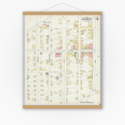 Old map wall art mockup — magnetic wood frame on white wall — Sanborn Fire Insurance Map from Meyersdale, Somerset County, Pennsylvania (1897), Sheet #0002