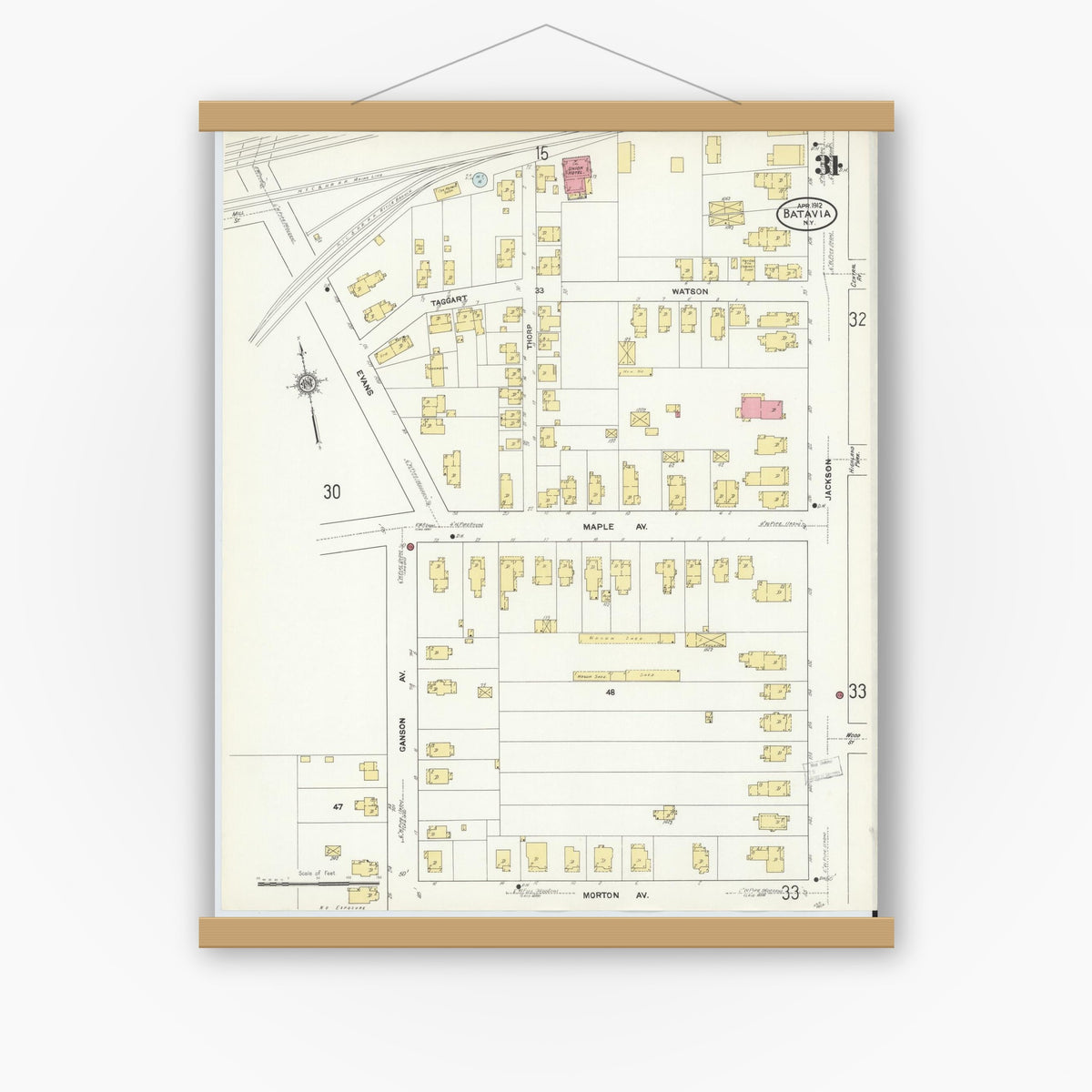 Old map wall art mockup — magnetic wood frame on white wall — Sanborn Fire Insurance Map from Batavia, Genesee County, New York (1912), Sheet #0031