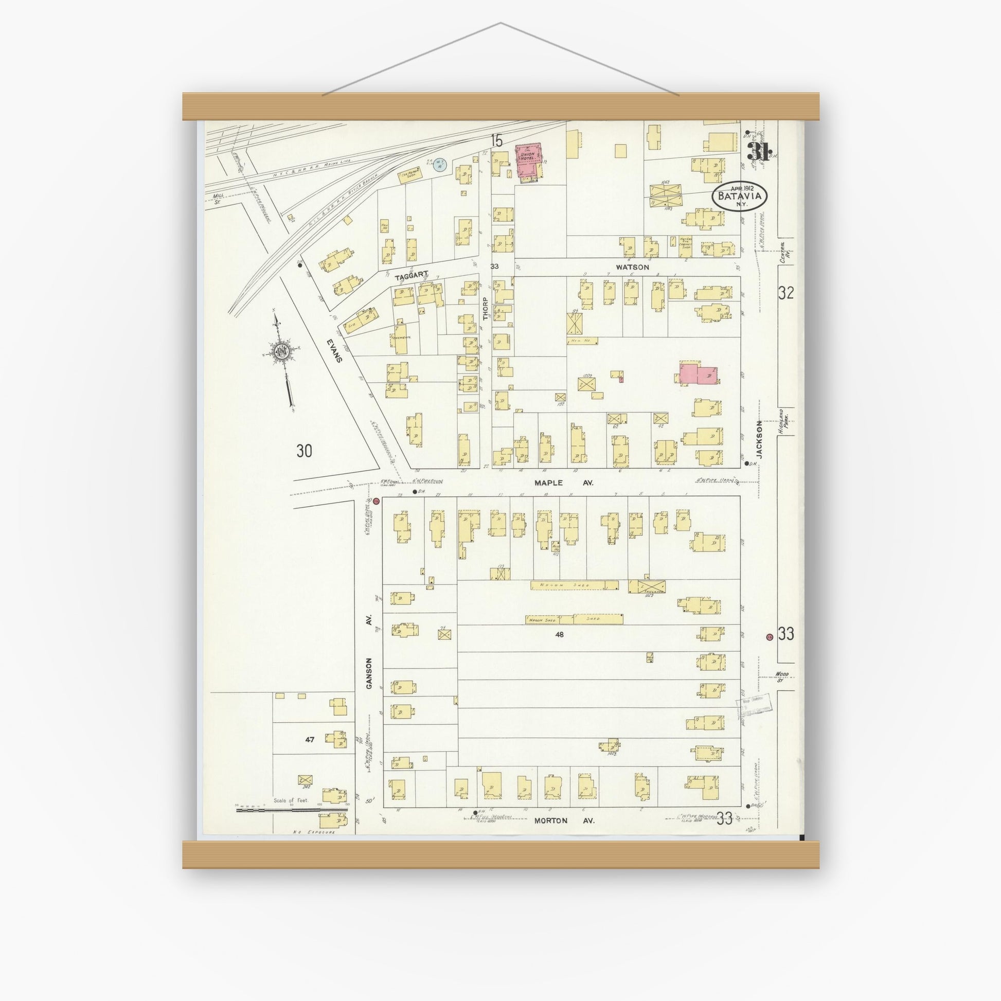 Old map wall art mockup — magnetic wood frame on white wall — Sanborn Fire Insurance Map from Batavia, Genesee County, New York (1912), Sheet #0031