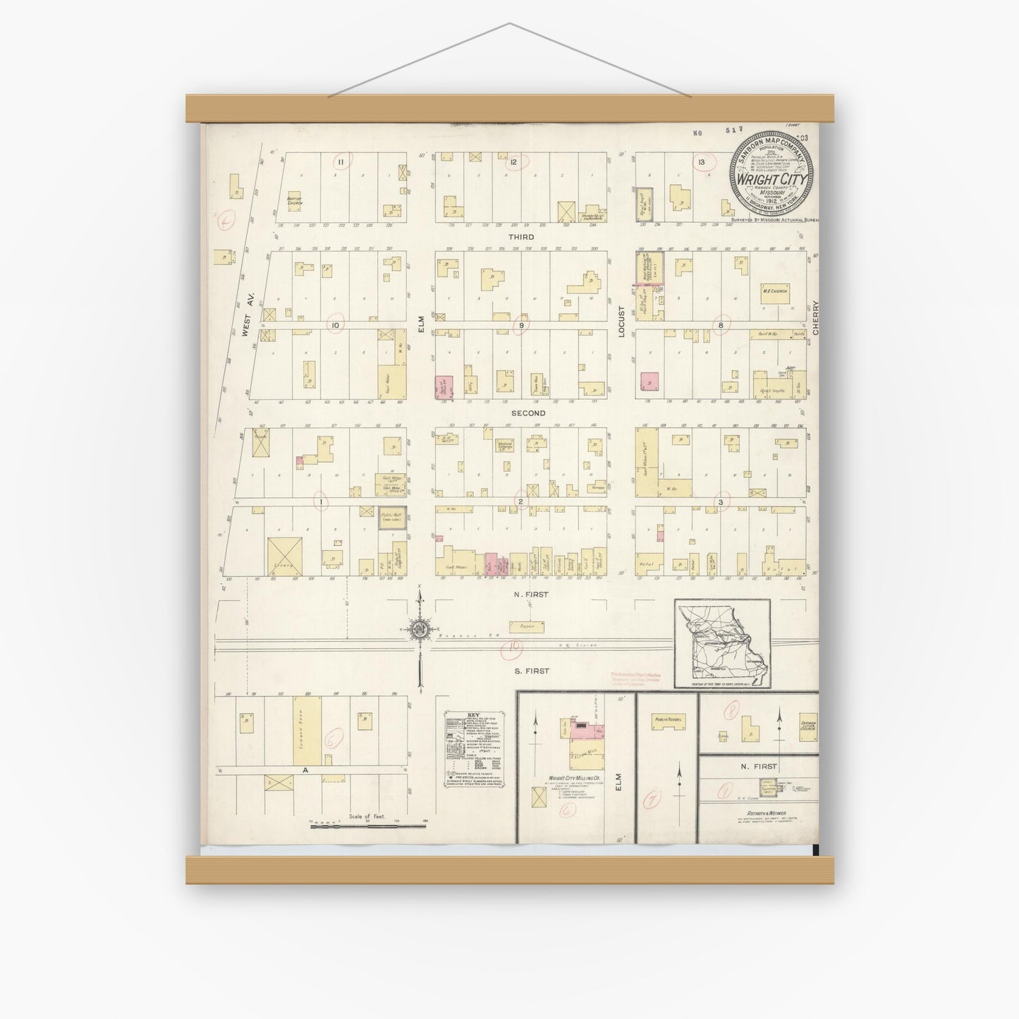Old map wall art mockup — magnetic wood frame on white wall — Sanborn Fire Insurance Map from Wright City, Warren County, Missouri (1912), Sheet #0001
