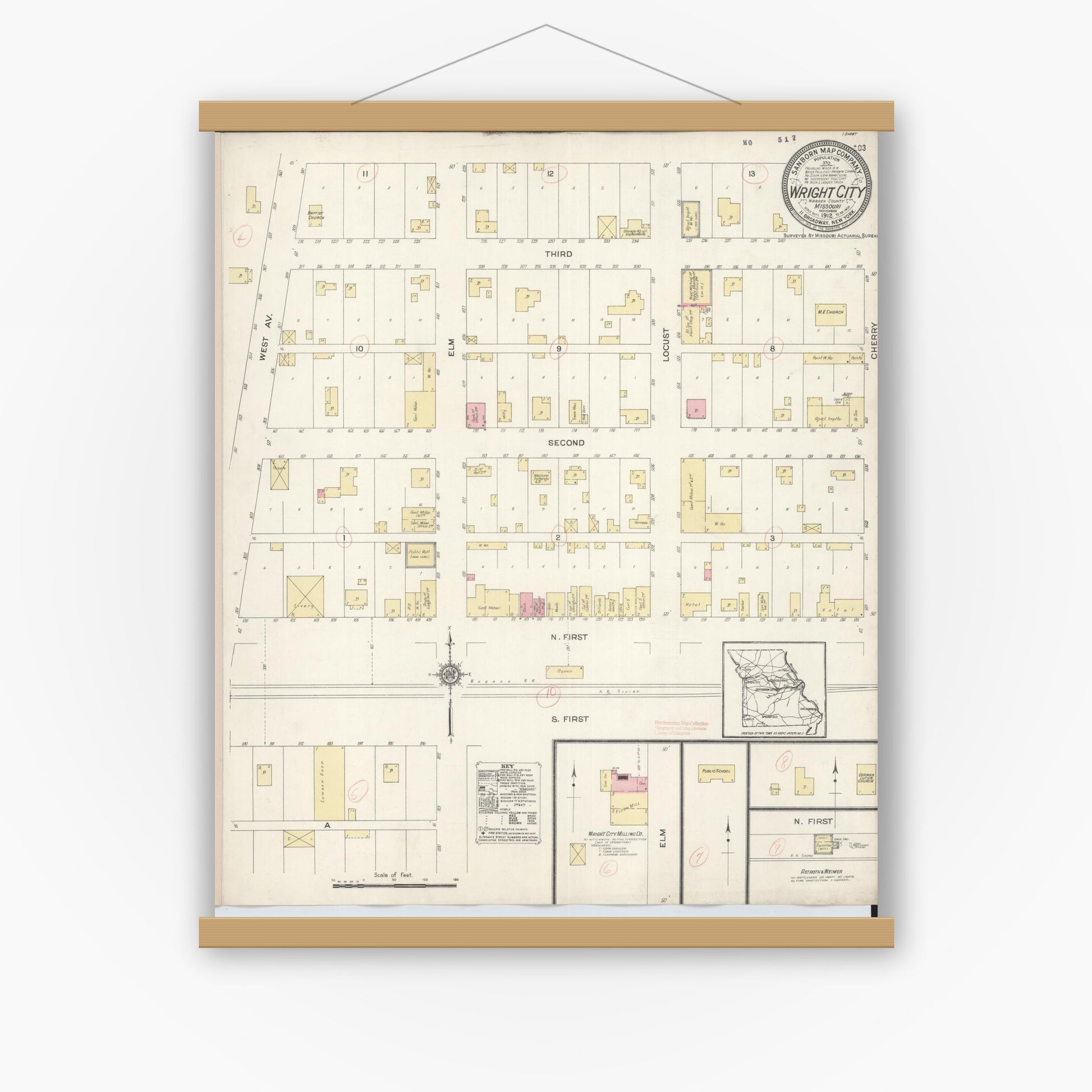 Old map wall art mockup — magnetic wood frame on white wall — Sanborn Fire Insurance Map from Wright City, Warren County, Missouri (1912), Sheet #0001