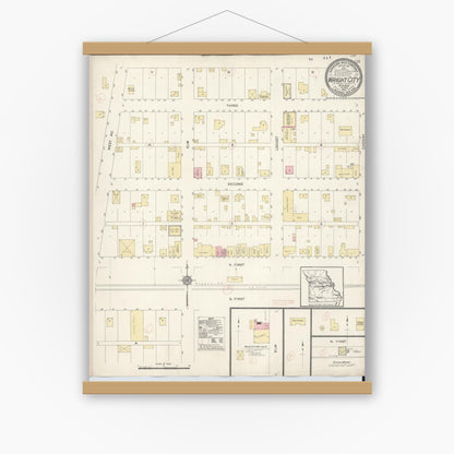 Old map wall art mockup — magnetic wood frame on white wall — Sanborn Fire Insurance Map from Wright City, Warren County, Missouri (1912), Sheet #0001