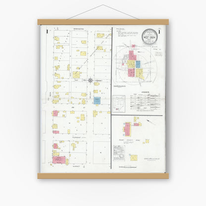 Old map wall art mockup — magnetic wood frame on white wall — Sanborn Fire Insurance Map from West Union, Adams County, Ohio (1930), Sheet #0001