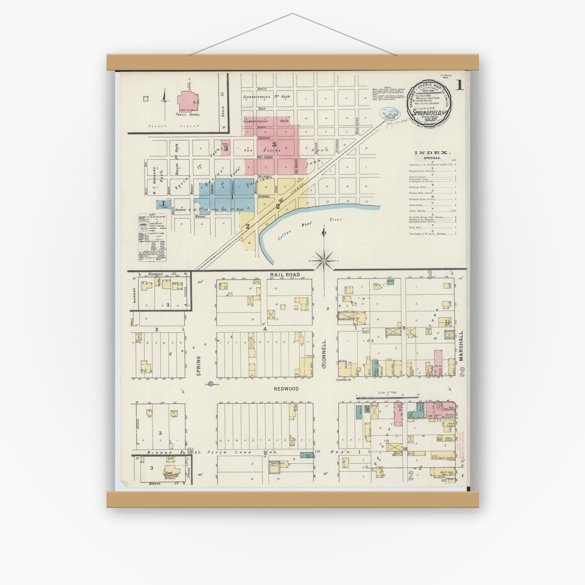Old map wall art mockup — magnetic wood frame on white wall — Sanborn Fire Insurance Map from Springfield, Brown County, Minnesota (1894) - Complete Map Set