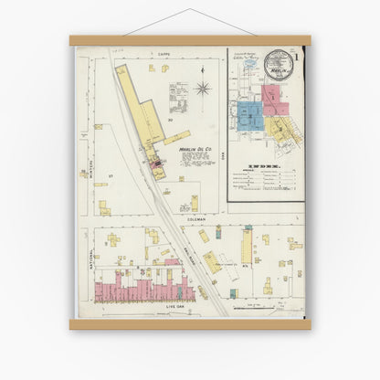 Old map wall art mockup — magnetic wood frame on white wall — Sanborn Fire Insurance Map from Marlin, Falls County, Texas (1894) - Complete Map Set