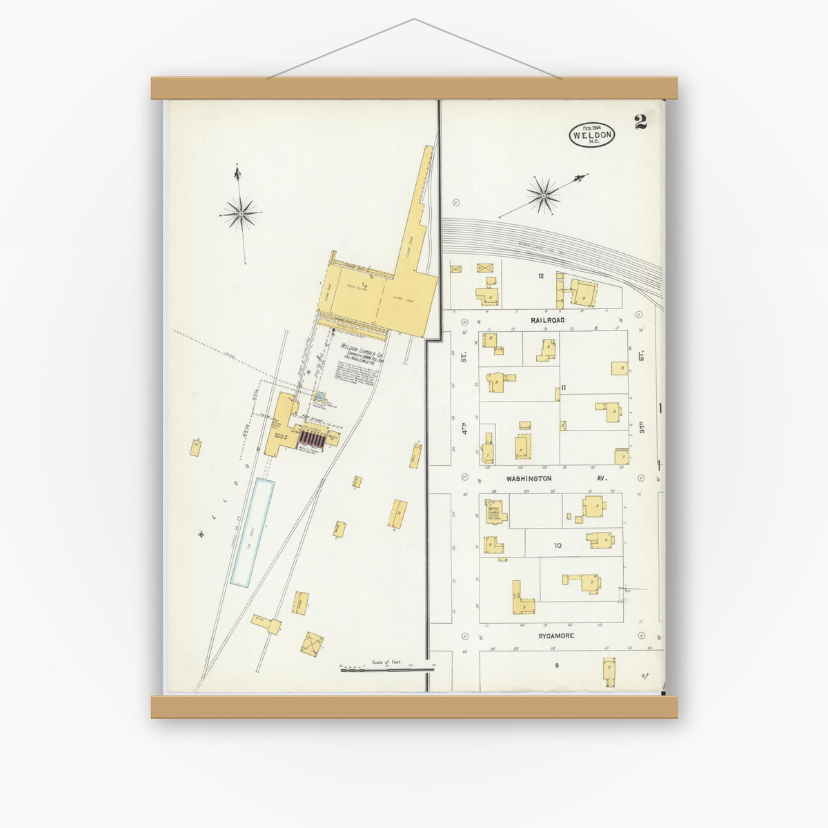 Old map wall art mockup — magnetic wood frame on white wall — Sanborn Fire Insurance Map from Weldon, Halifax County, North Carolina (1904), Sheet #0002