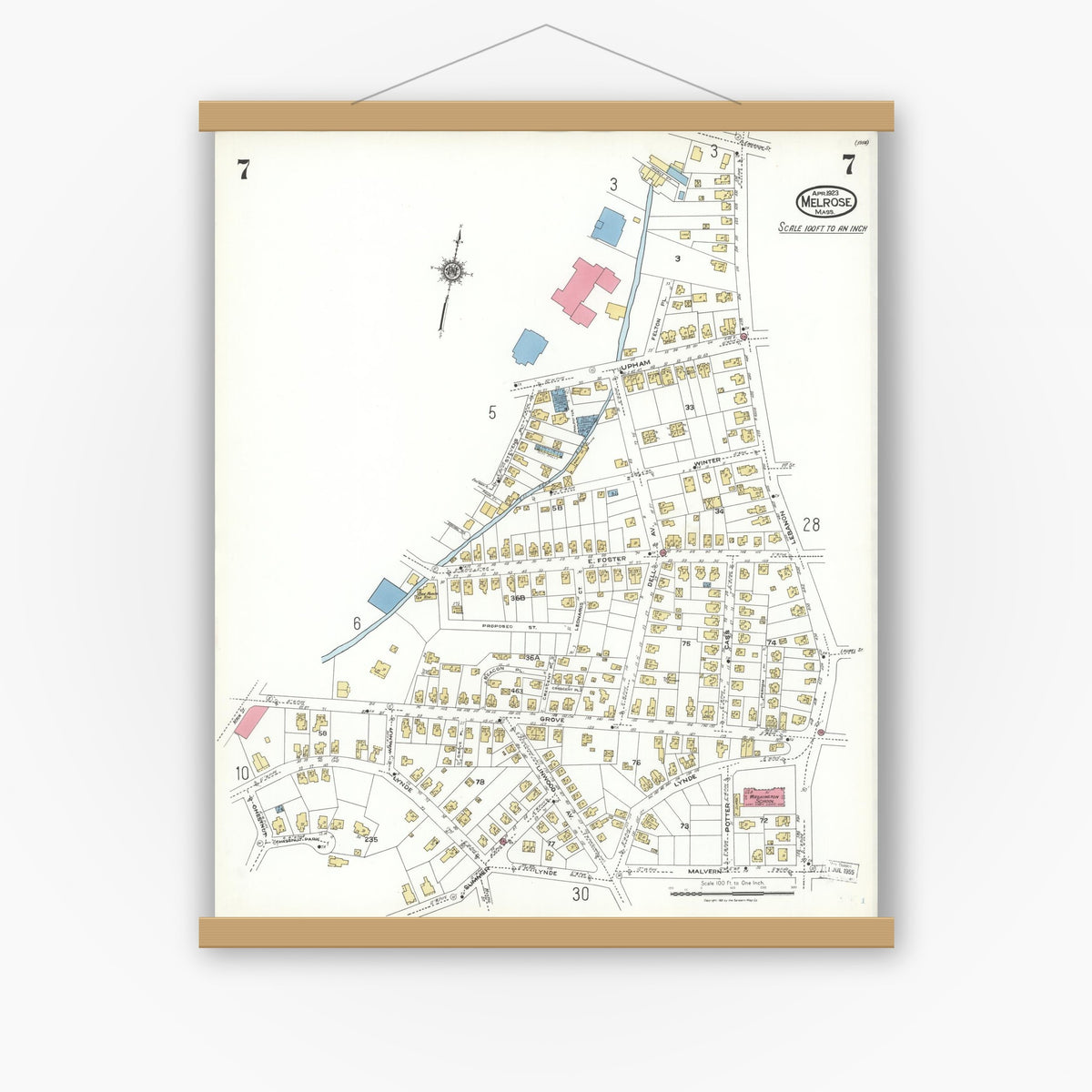 Old map wall art mockup — magnetic wood frame on white wall — Sanborn Fire Insurance Map from Melrose, Middlesex County, Massachusetts (1923), Sheet #0007