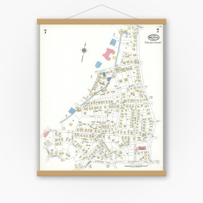 Old map wall art mockup — magnetic wood frame on white wall — Sanborn Fire Insurance Map from Melrose, Middlesex County, Massachusetts (1923), Sheet #0007