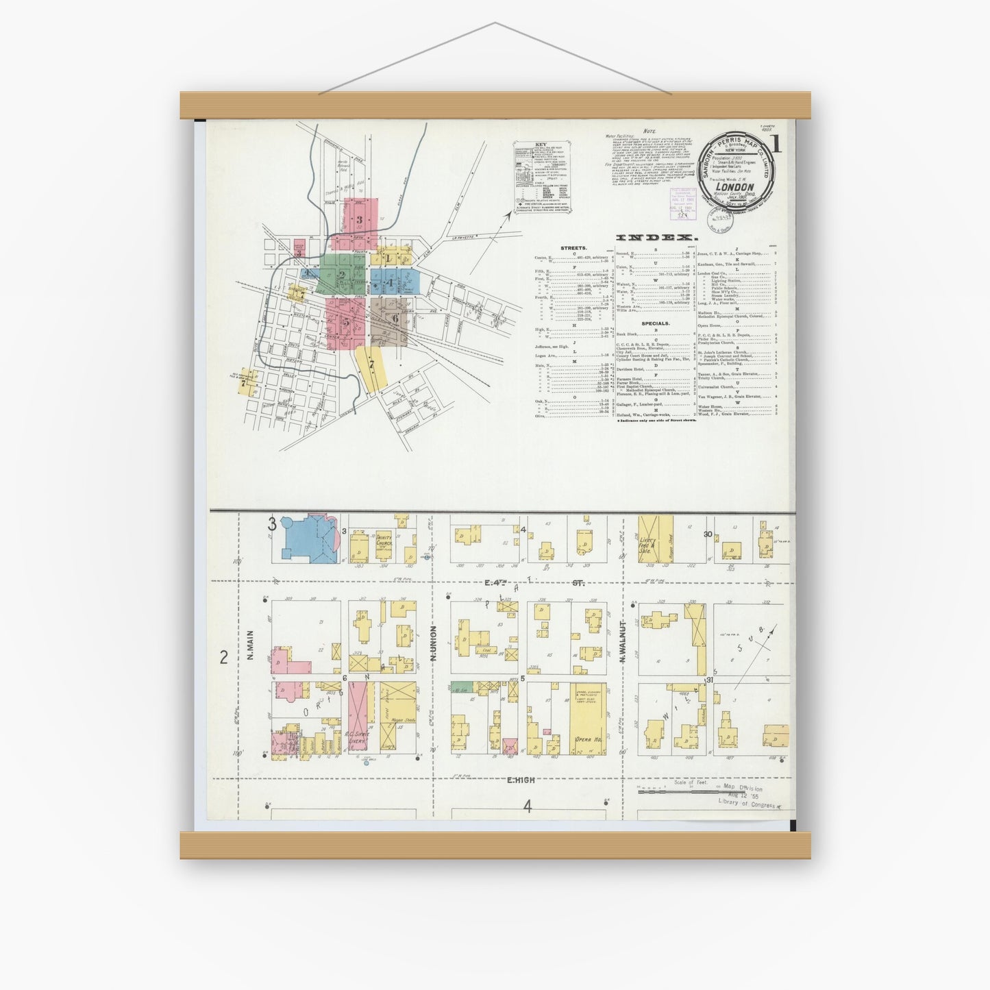 Old map wall art mockup — magnetic wood frame on white wall — Sanborn Fire Insurance Map from London, Madison County, Ohio (1901), Sheet #0001