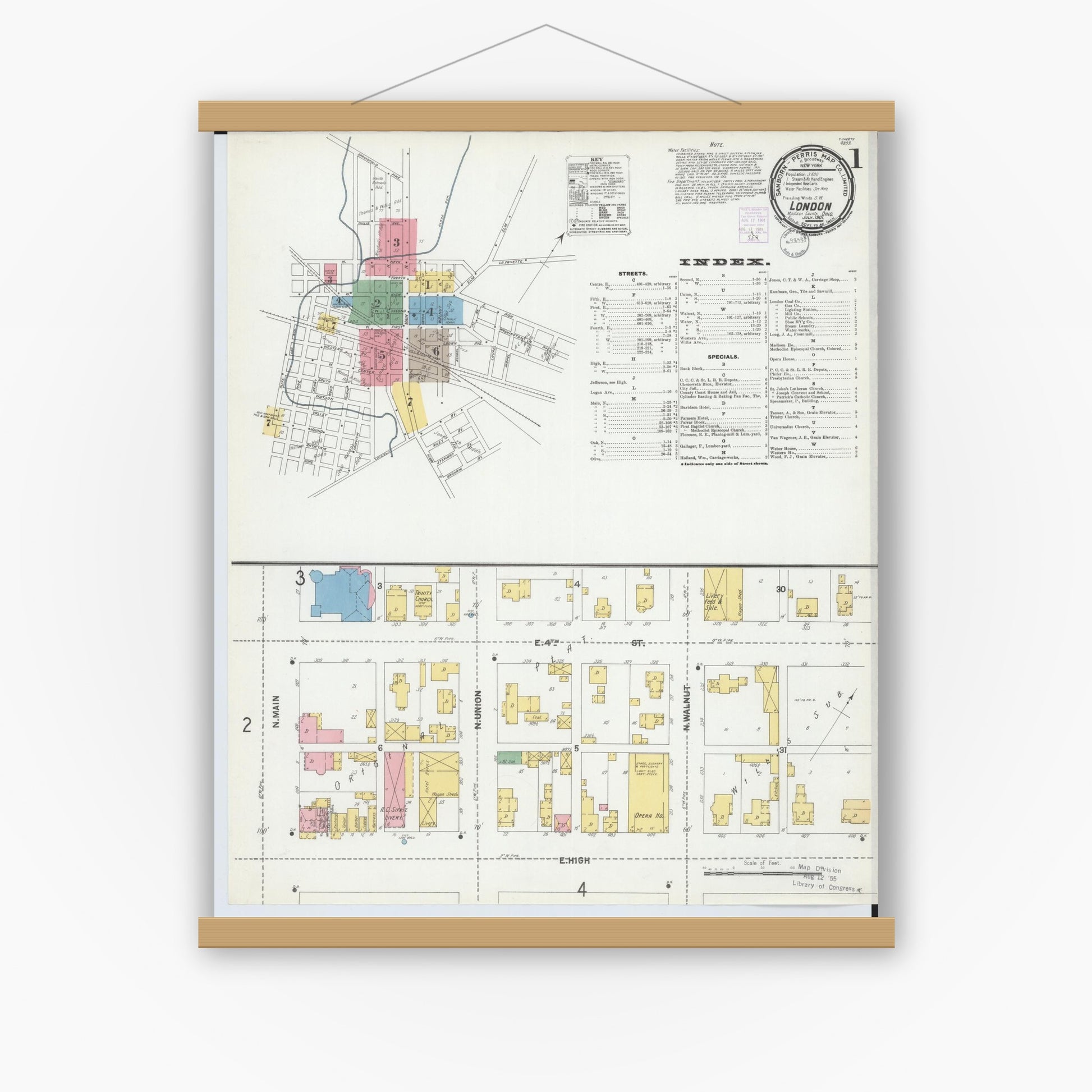 Old map wall art mockup — magnetic wood frame on white wall — Sanborn Fire Insurance Map from London, Madison County, Ohio (1901), Sheet #0001