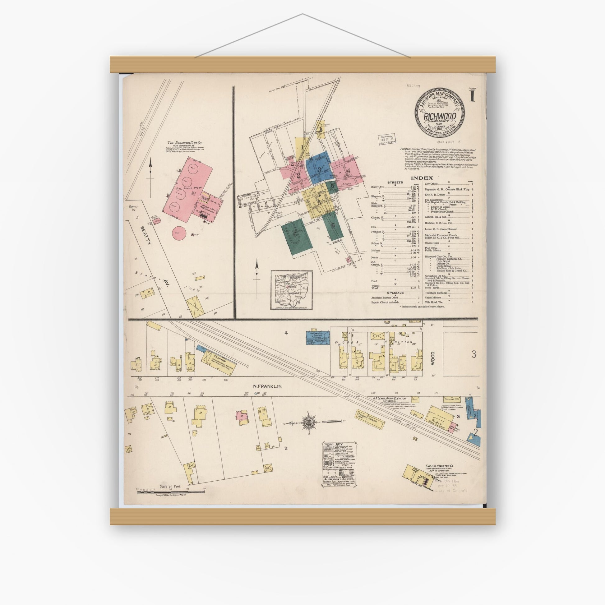 Old map wall art mockup — magnetic wood frame on white wall — Sanborn Fire Insurance Map from Richwood, Union County, Ohio (1921), Sheet #0001