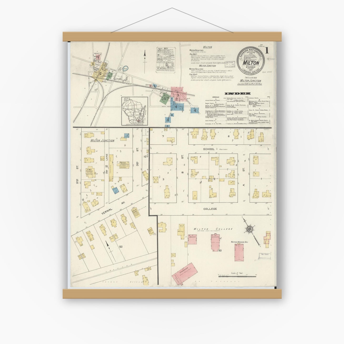 Old map wall art mockup — magnetic wood frame on white wall — Sanborn Fire Insurance Map from Milton, Rock County, Wisconsin (1917), Sheet #0001