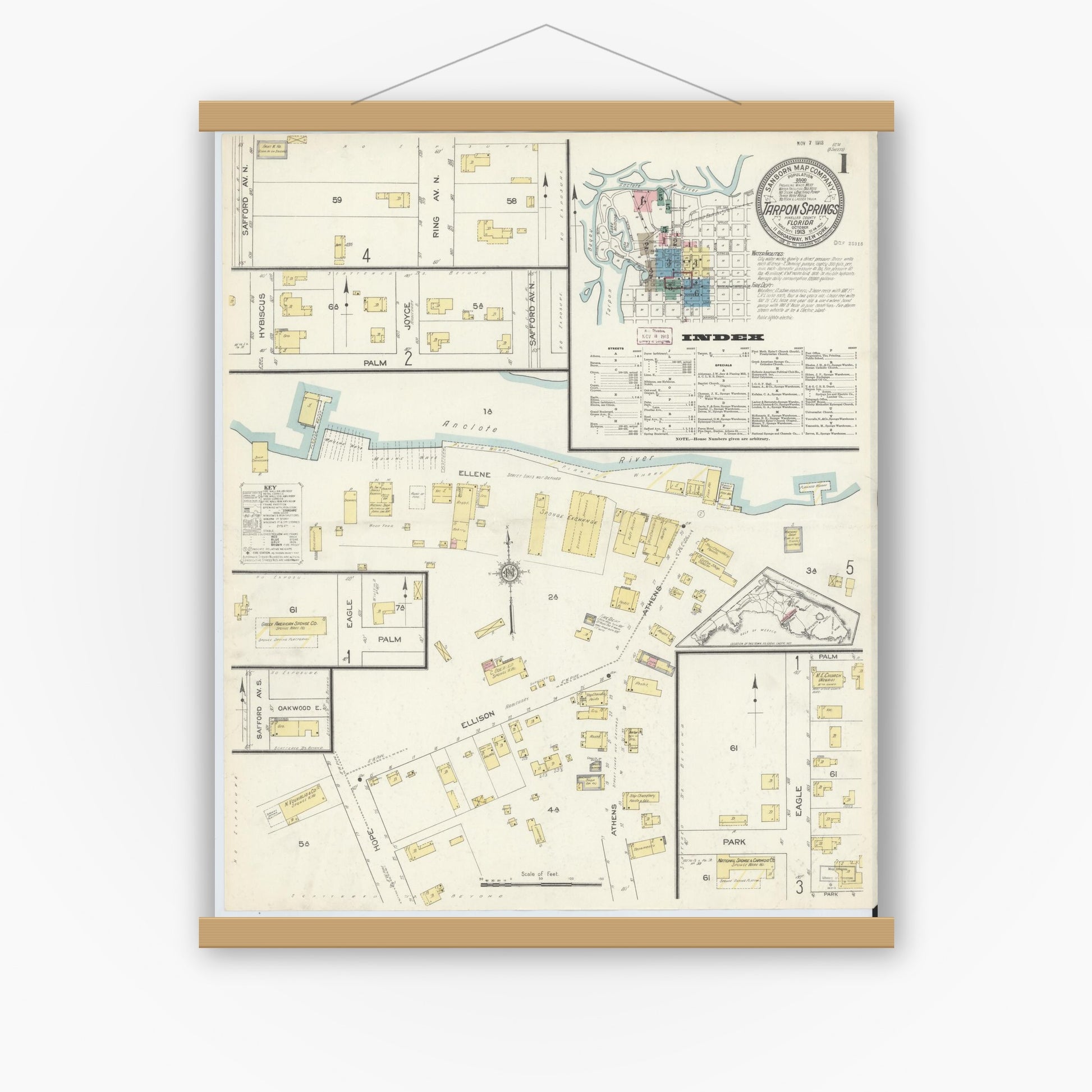 Old map wall art mockup — magnetic wood frame on white wall — Sanborn Fire Insurance Map from Tarpon Springs, Pinellas County, Florida (1913), Sheet #0001