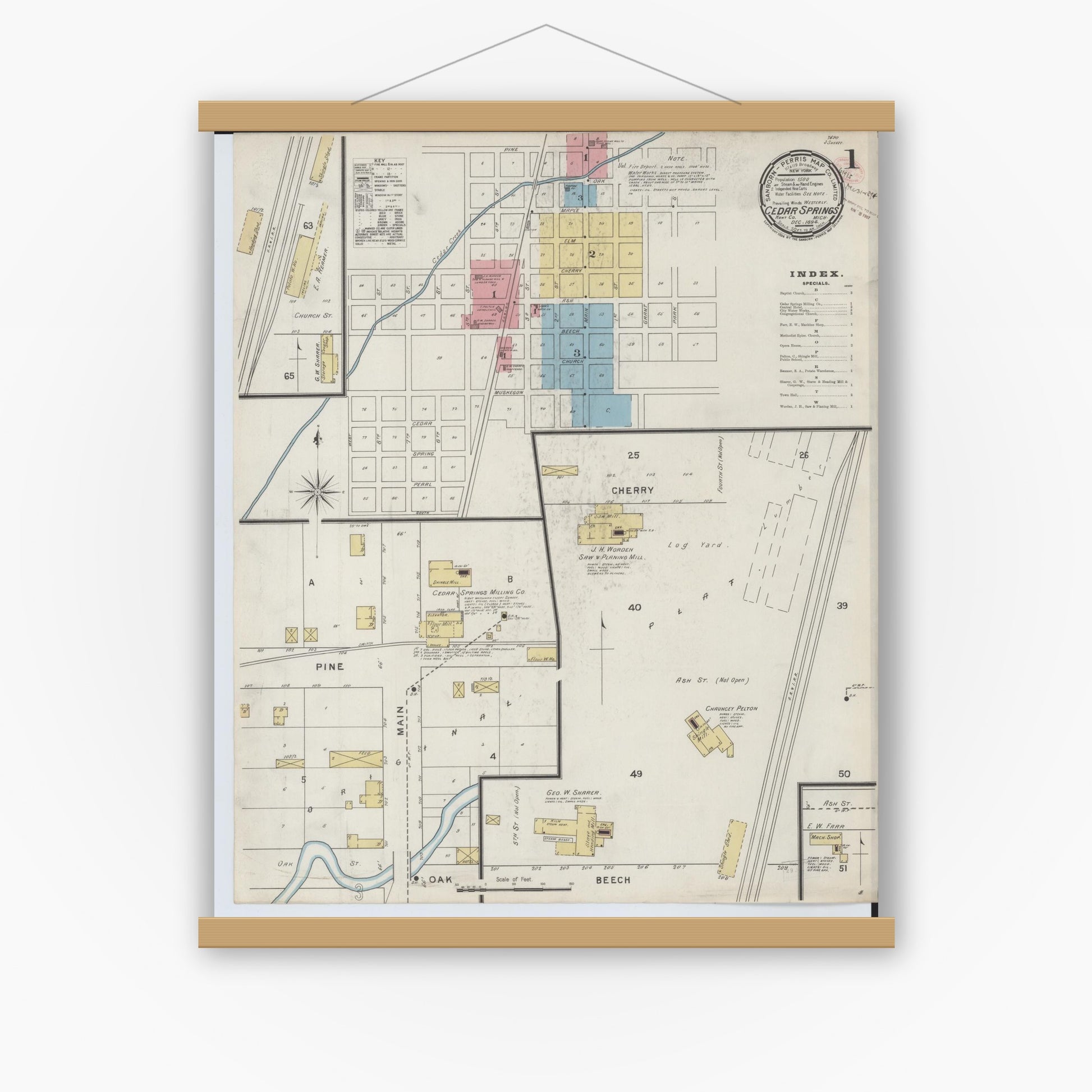 Old map wall art mockup — magnetic wood frame on white wall — Sanborn Fire Insurance Map from Cedar Springs, Kent County, Michigan (1894) - Complete Map Set