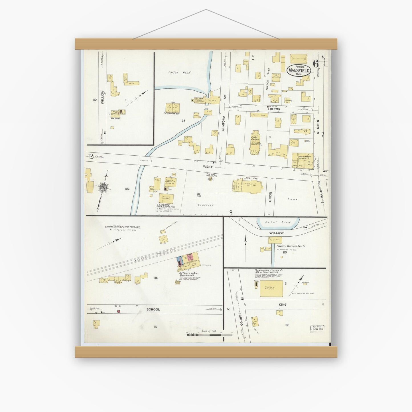 Old map wall art mockup — magnetic wood frame on white wall — Sanborn Fire Insurance Map from Mansfield, Bristol County, Massachusetts (1916), Sheet #0006
