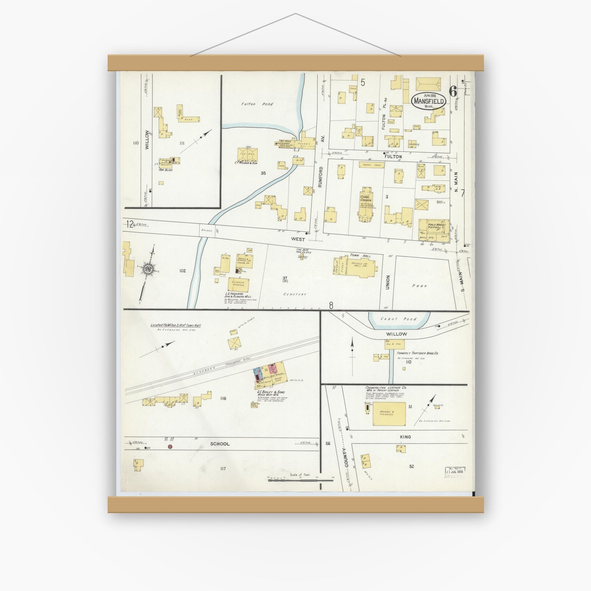 Old map wall art mockup — magnetic wood frame on white wall — Sanborn Fire Insurance Map from Mansfield, Bristol County, Massachusetts (1916), Sheet #0006