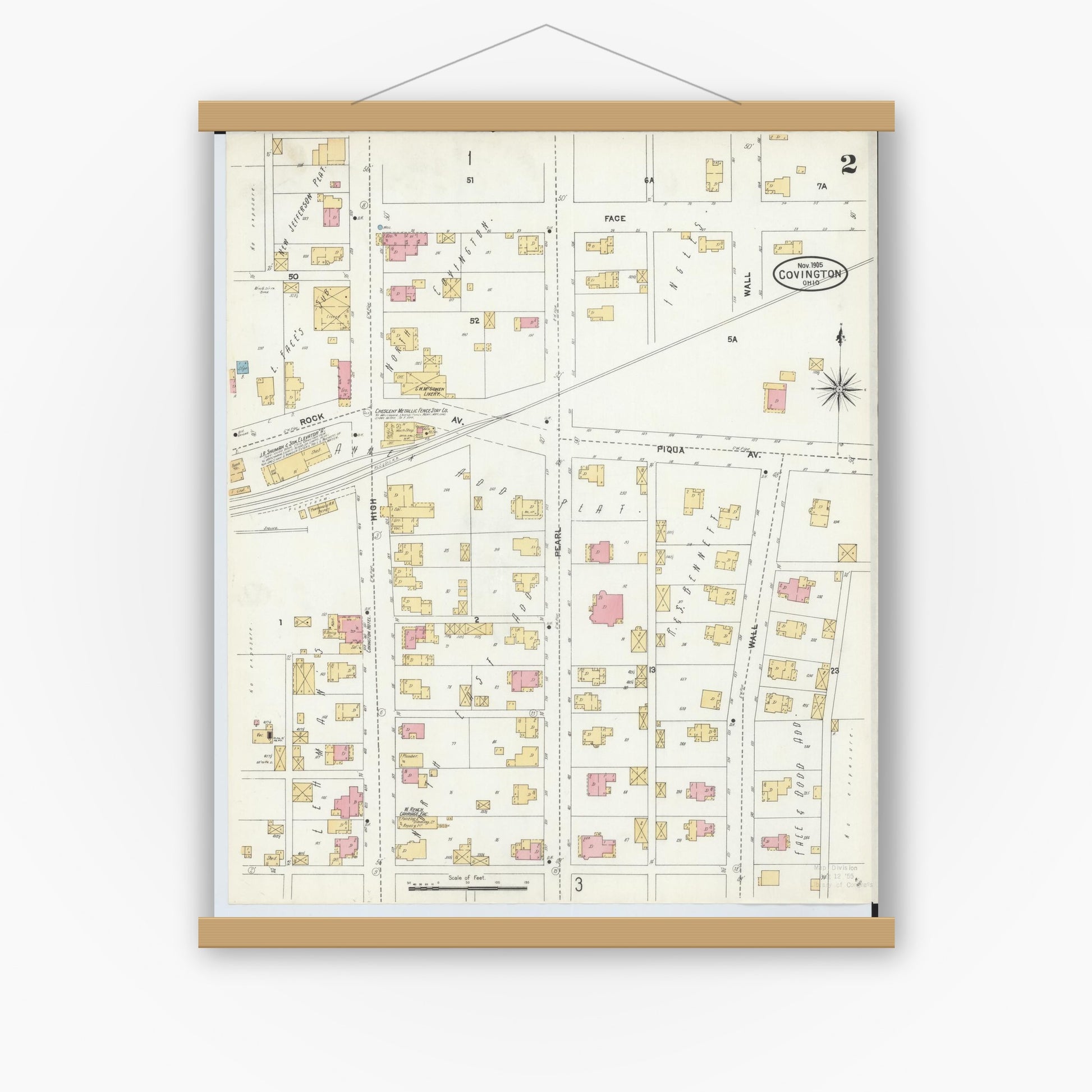 Old map wall art mockup — magnetic wood frame on white wall — Sanborn Fire Insurance Map from Covington, Miami County, Ohio (1905), Sheet #0002