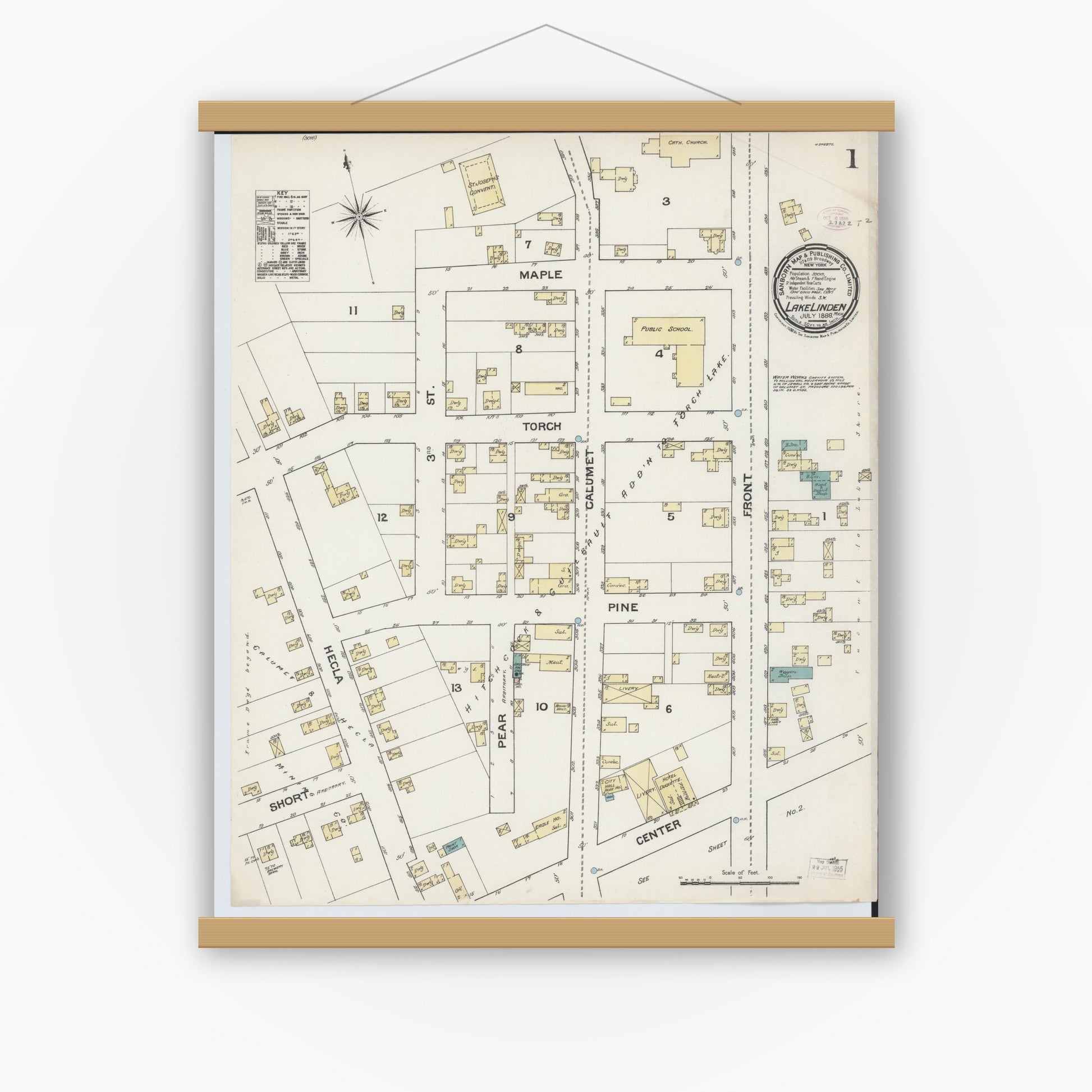 Old map wall art mockup — magnetic wood frame on white wall — Sanborn Fire Insurance Map from Lake Linden, Houghton County, Michigan (1888) - Complete Map Set