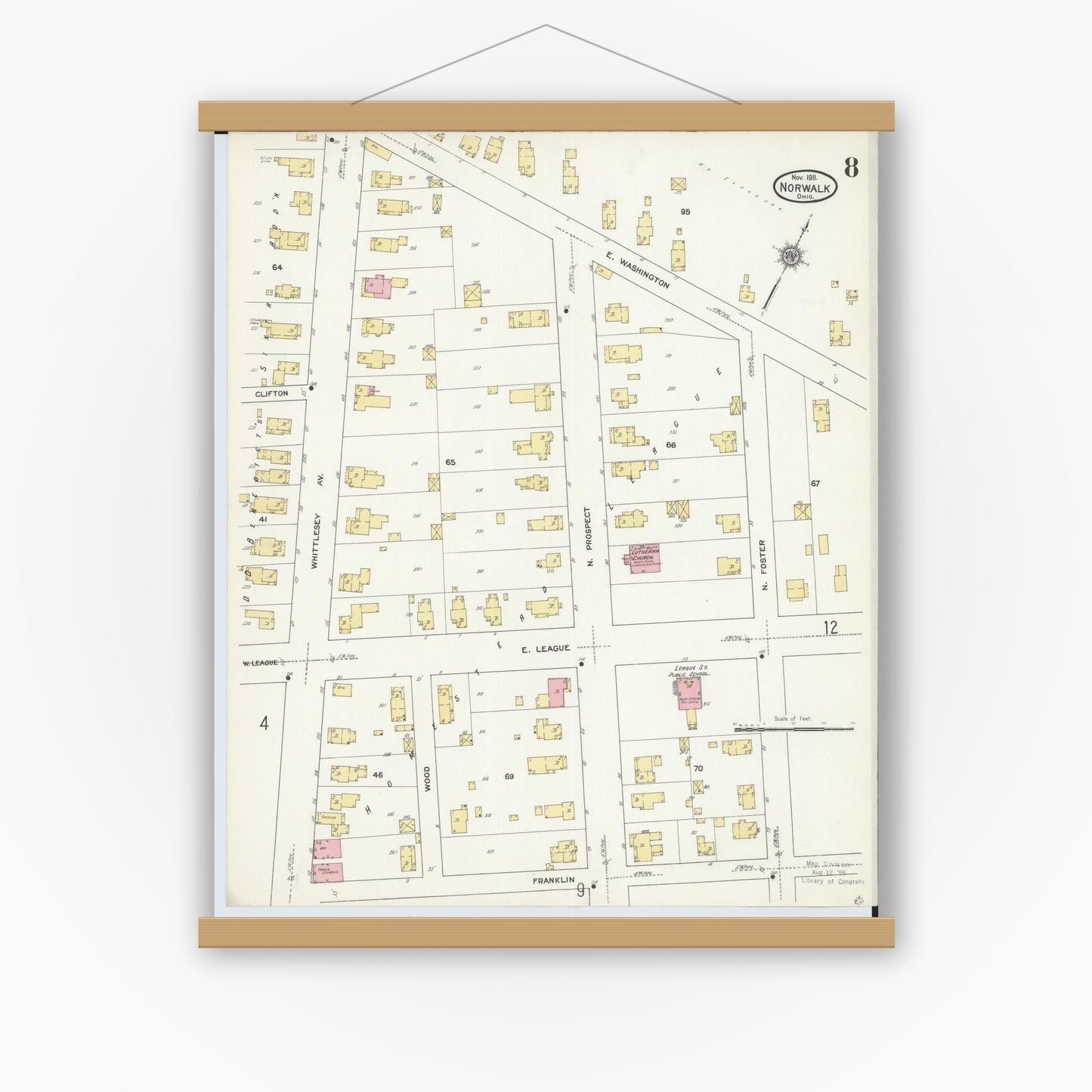 Old map wall art mockup — magnetic wood frame on white wall — Sanborn Fire Insurance Map from Norwalk, Huron County, Ohio (1911), Sheet #0008