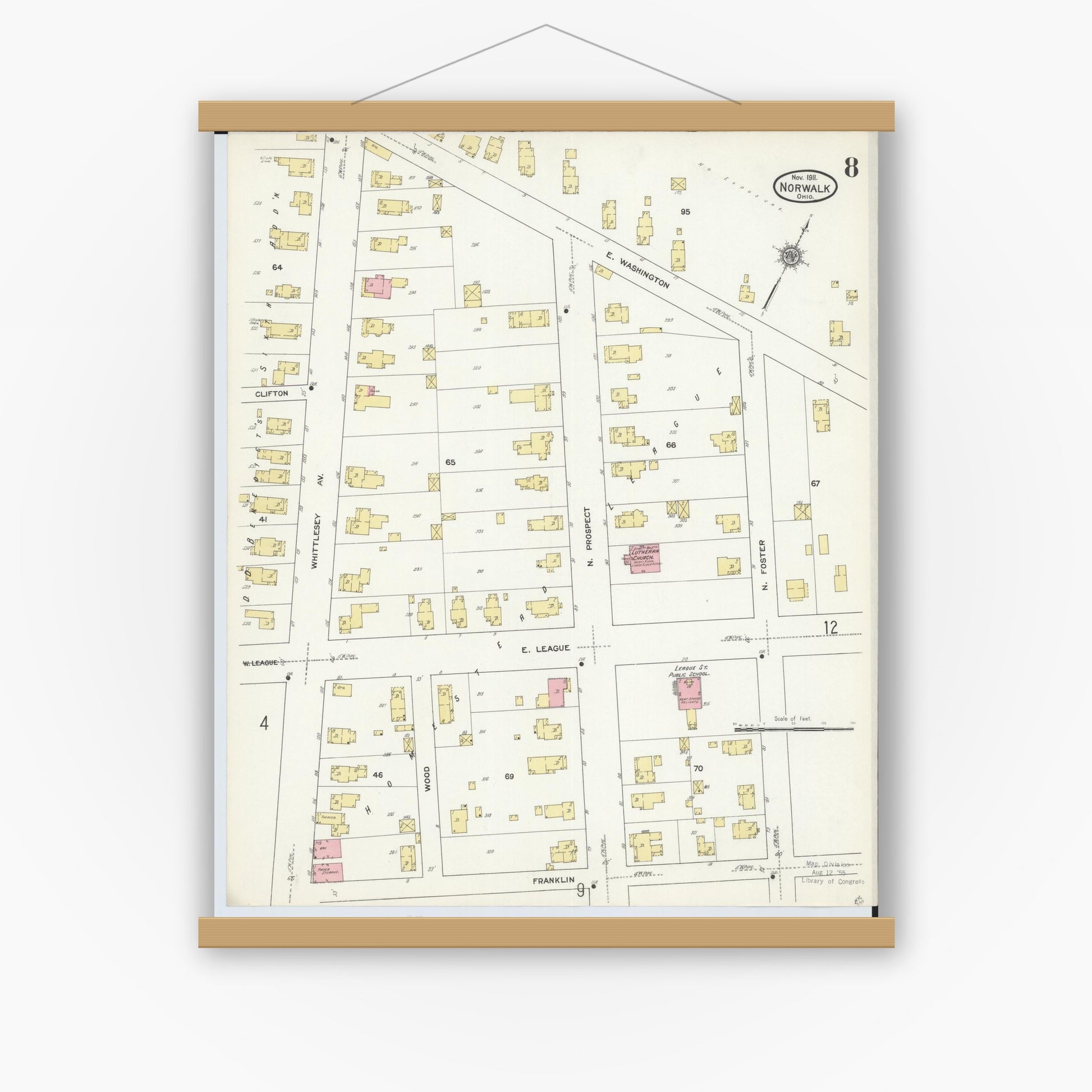 Old map wall art mockup — magnetic wood frame on white wall — Sanborn Fire Insurance Map from Norwalk, Huron County, Ohio (1911), Sheet #0008