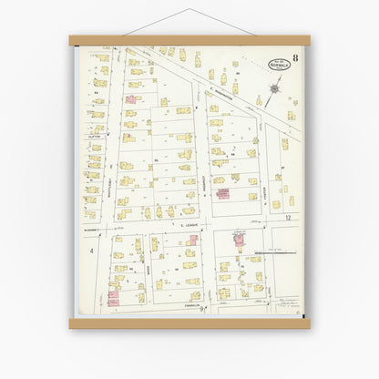 Old map wall art mockup — magnetic wood frame on white wall — Sanborn Fire Insurance Map from Norwalk, Huron County, Ohio (1911), Sheet #0008