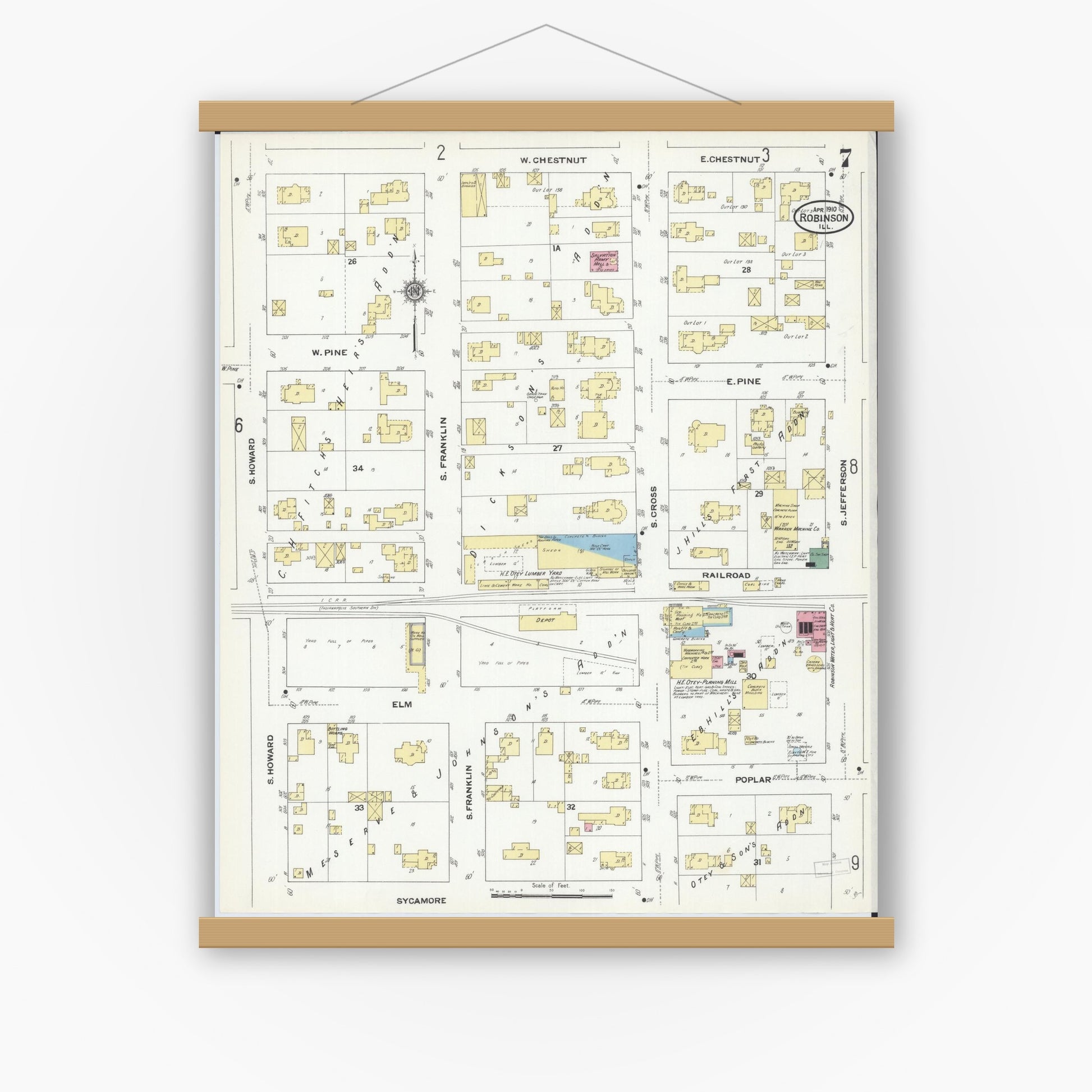 Old map wall art mockup — magnetic wood frame on white wall — Sanborn Fire Insurance Map from Robinson, Crawford County, Illinois (1910), Sheet #0007