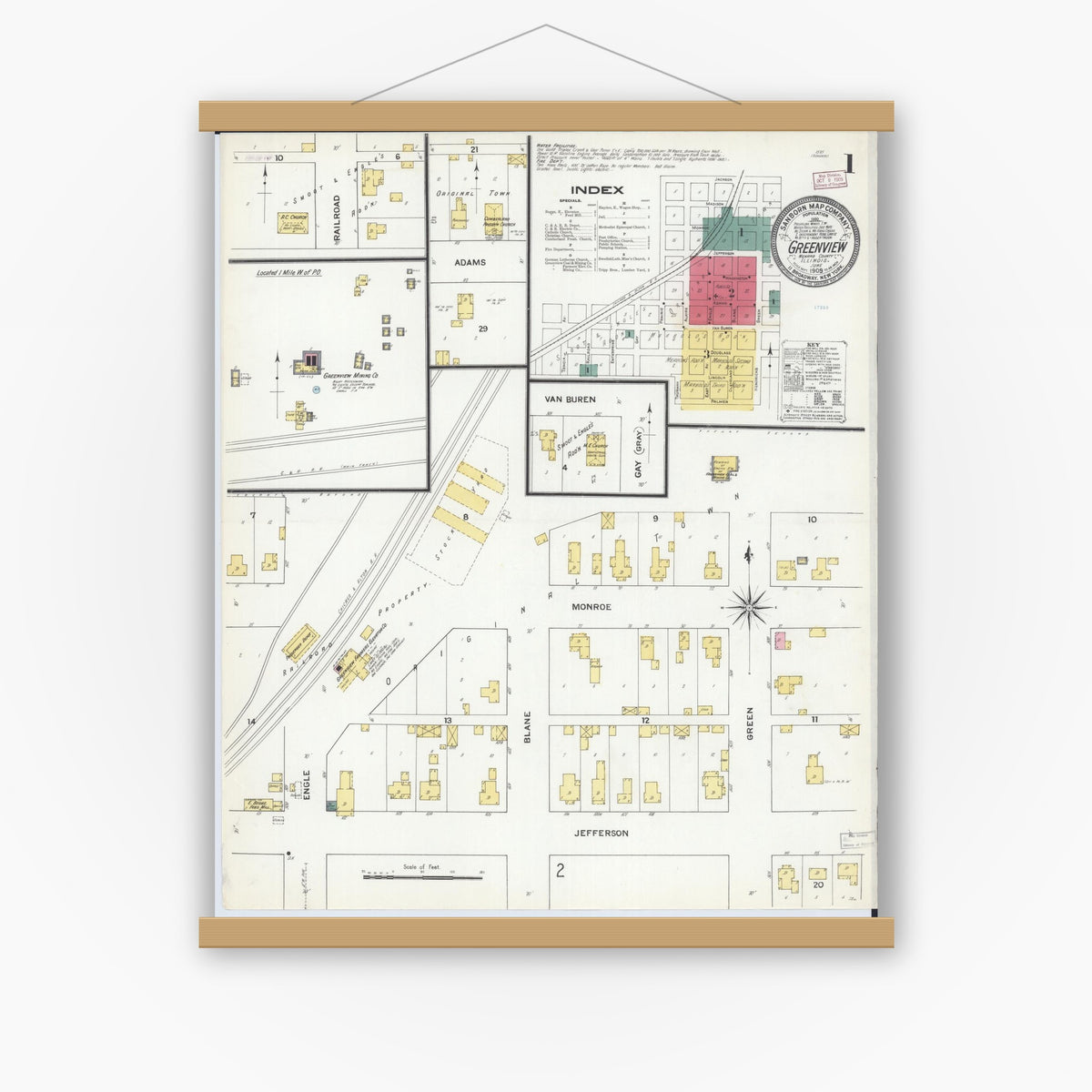Old map wall art mockup — magnetic wood frame on white wall — Sanborn Fire Insurance Map from Greenview, Menard County, Illinois (1909) - Complete Map Set