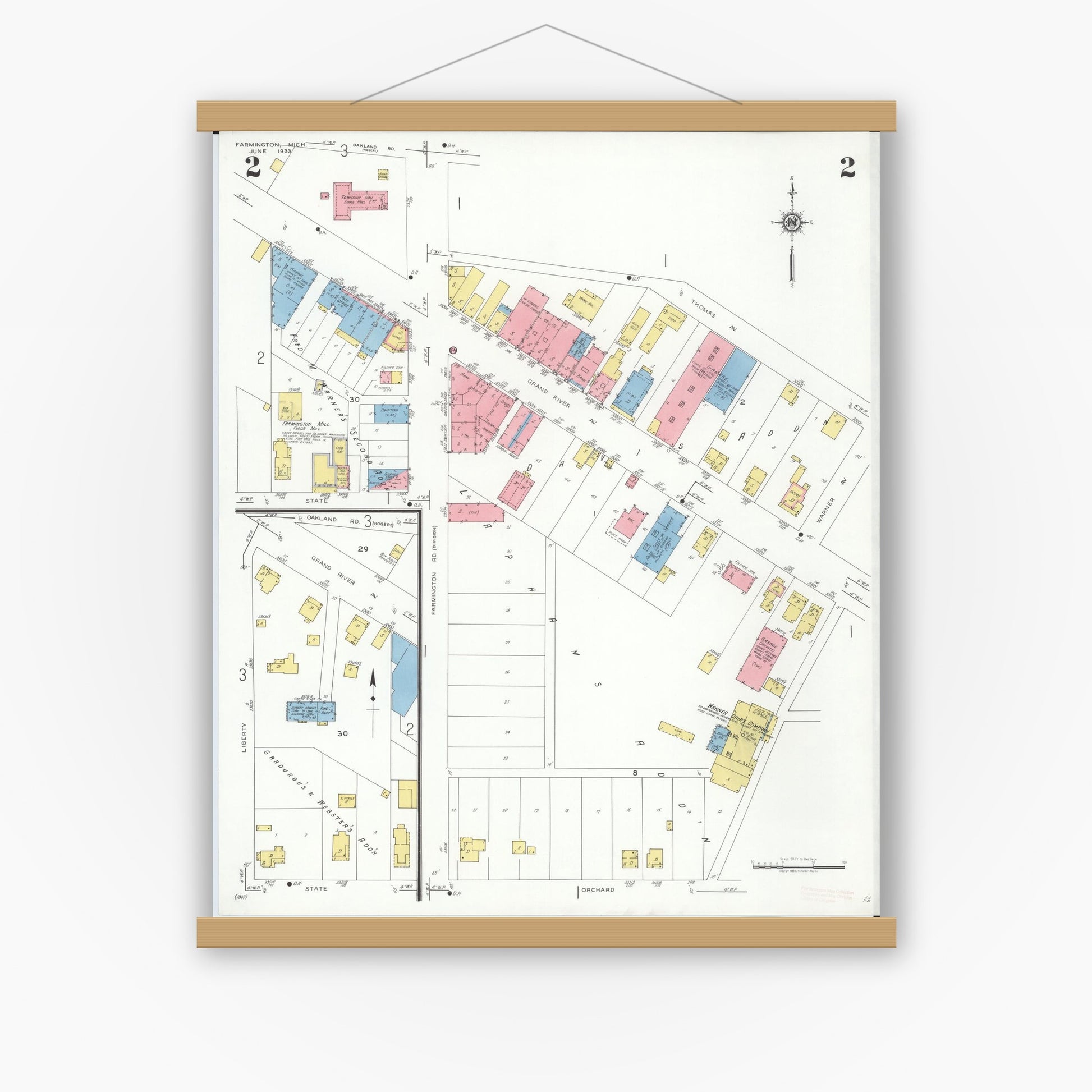 Old map wall art mockup — magnetic wood frame on white wall — Sanborn Fire Insurance Map from Farmington, Oakland County, Michigan (1933), Sheet #0002