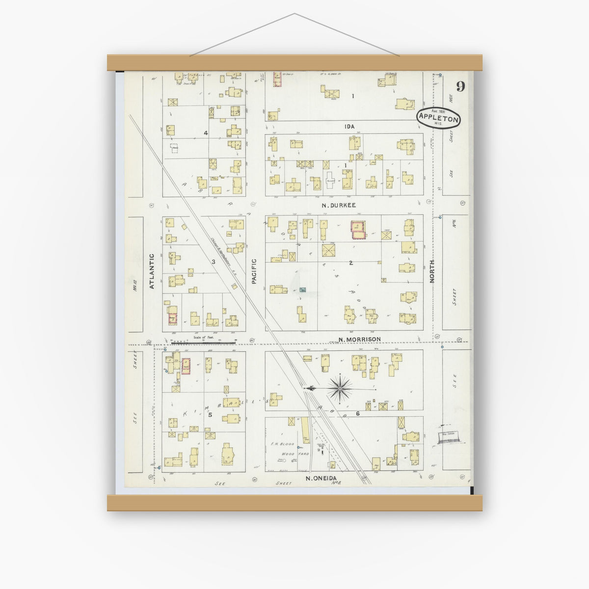 Old map wall art mockup — magnetic wood frame on white wall — Sanborn Fire Insurance Map from Appleton, Outagamie County, Wisconsin (1891), Sheet #0009