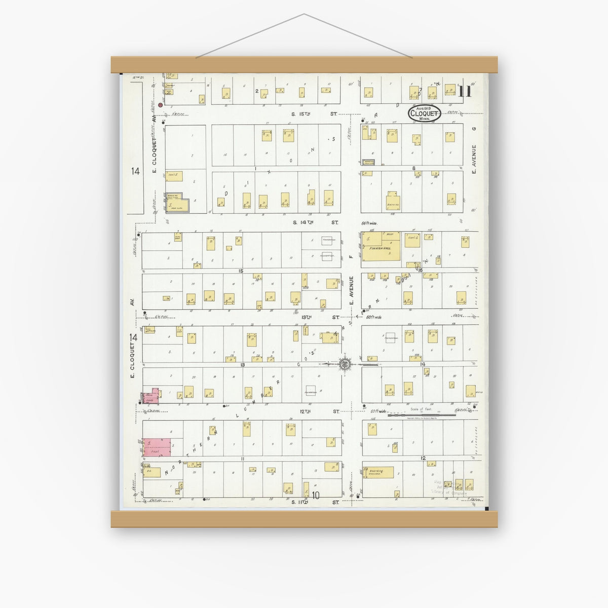 Old map wall art mockup — magnetic wood frame on white wall — Sanborn Fire Insurance Map from Cloquet, Carlton County, Minnesota (1919), Sheet #0011