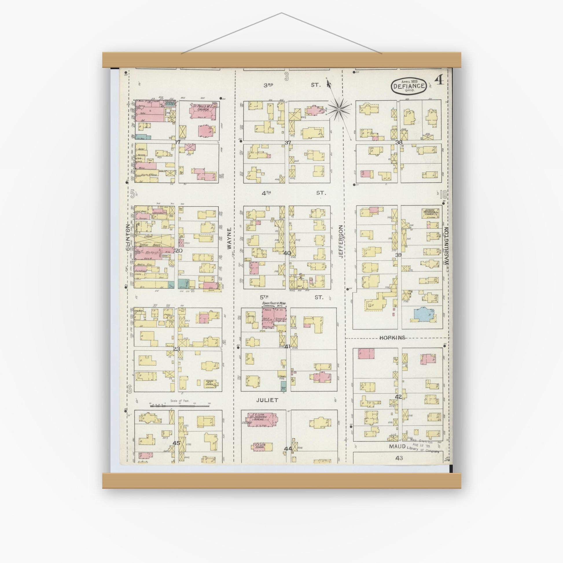 Old map wall art mockup — magnetic wood frame on white wall — Sanborn Fire Insurance Map from Defiance, Defiance County, Ohio (1893), Sheet #0004
