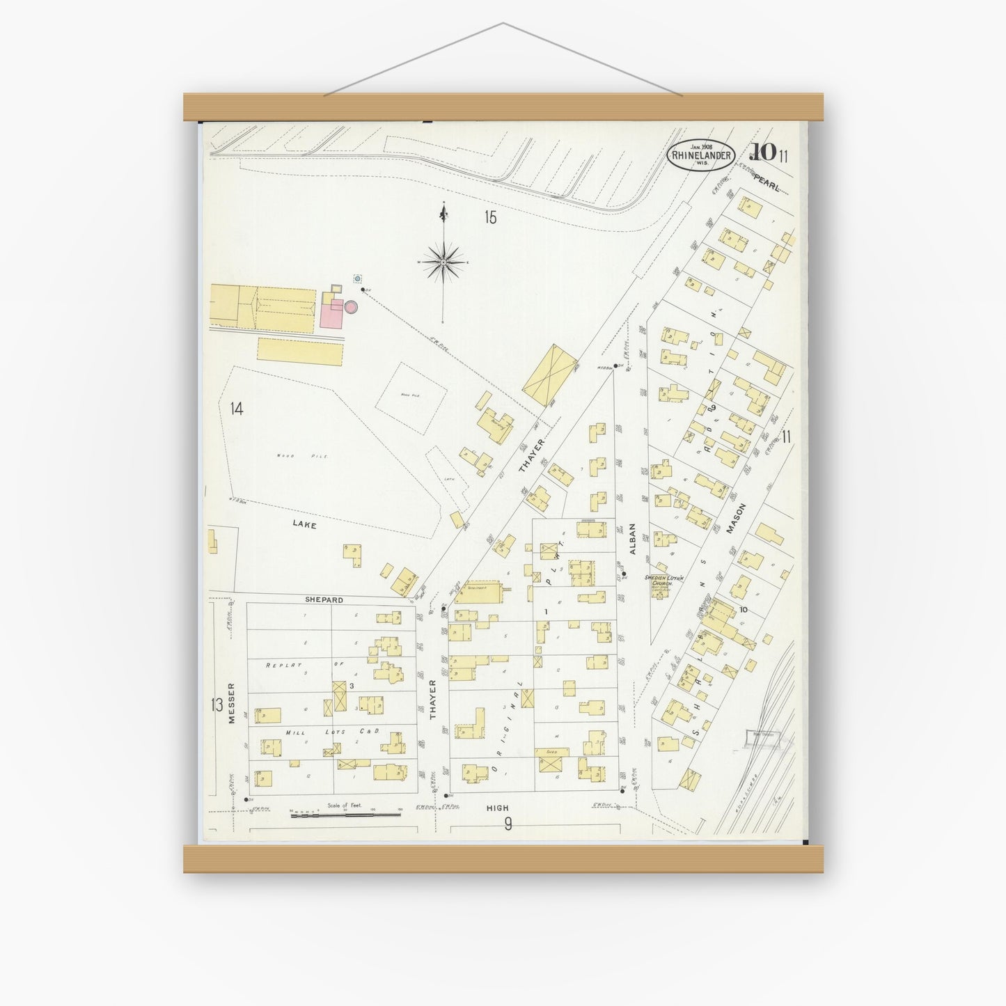 Old map wall art mockup — magnetic wood frame on white wall — Sanborn Fire Insurance Map from Rhinelander, Oneida County, Wisconsin (1908), Sheet #0010
