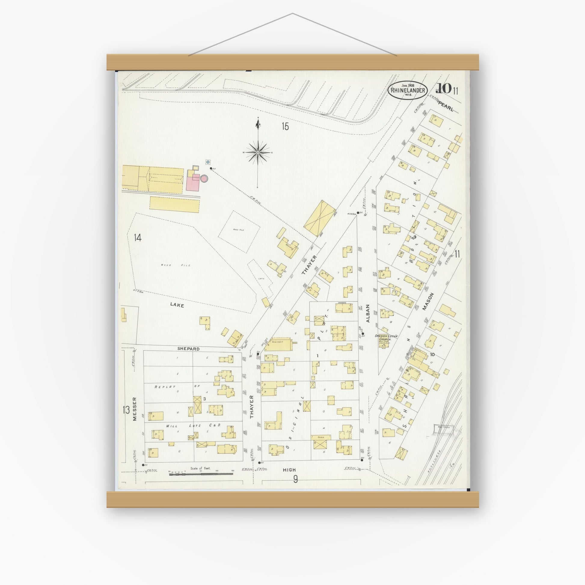 Old map wall art mockup — magnetic wood frame on white wall — Sanborn Fire Insurance Map from Rhinelander, Oneida County, Wisconsin (1908), Sheet #0010