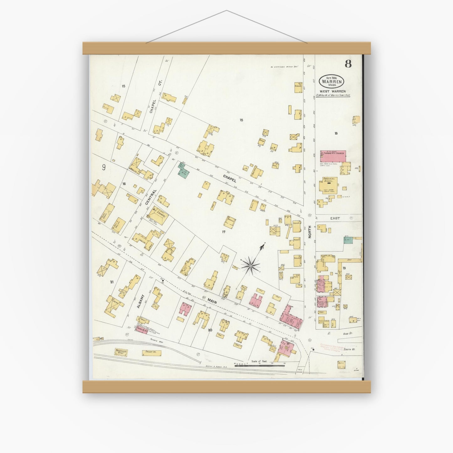 Old map wall art mockup — magnetic wood frame on white wall — Sanborn Fire Insurance Map from Warren, Worcester County, Massachusetts (1906), Sheet #0008
