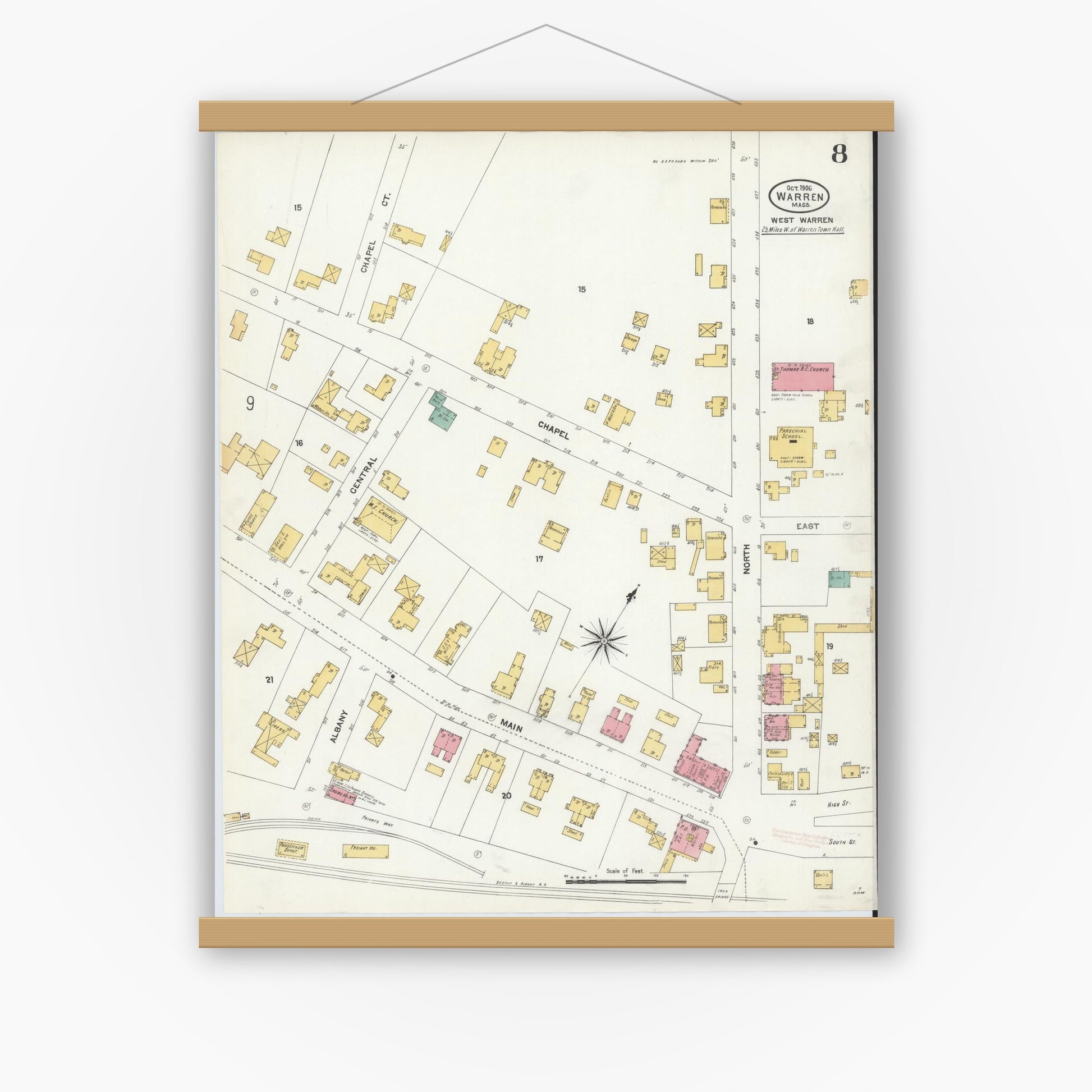 Old map wall art mockup — magnetic wood frame on white wall — Sanborn Fire Insurance Map from Warren, Worcester County, Massachusetts (1906), Sheet #0008