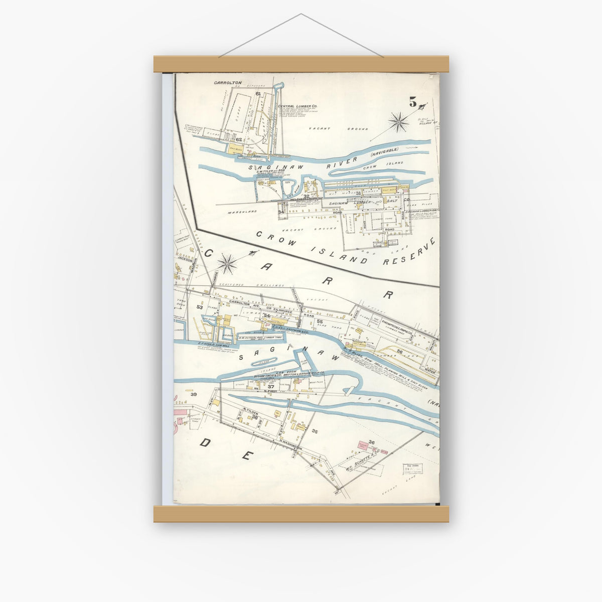 Old map wall art mockup — magnetic wood frame on white wall — Sanborn Fire Insurance Map from Saginaw, Saginaw County, Michigan (1895), Sheet #0005