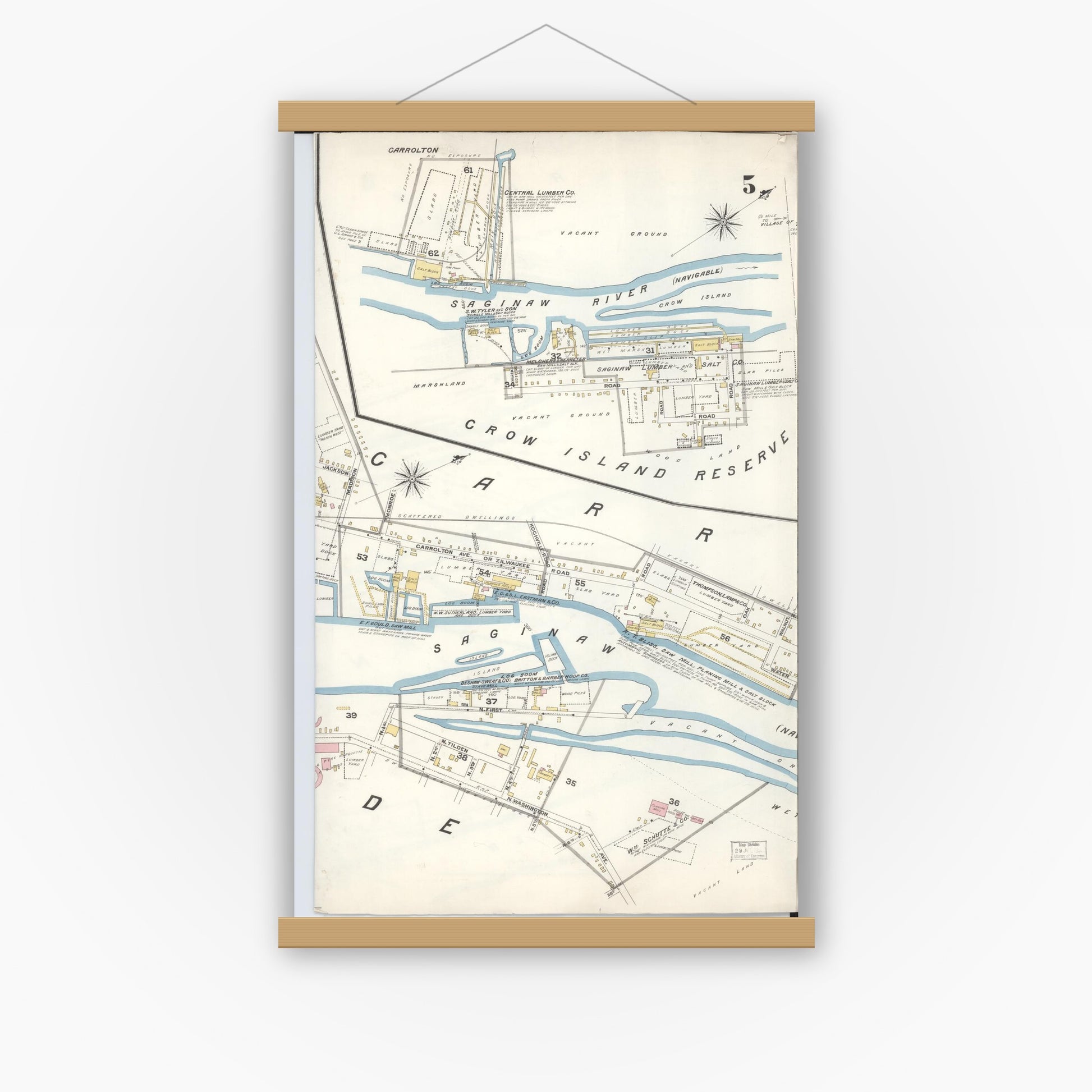 Old map wall art mockup — magnetic wood frame on white wall — Sanborn Fire Insurance Map from Saginaw, Saginaw County, Michigan (1895), Sheet #0005