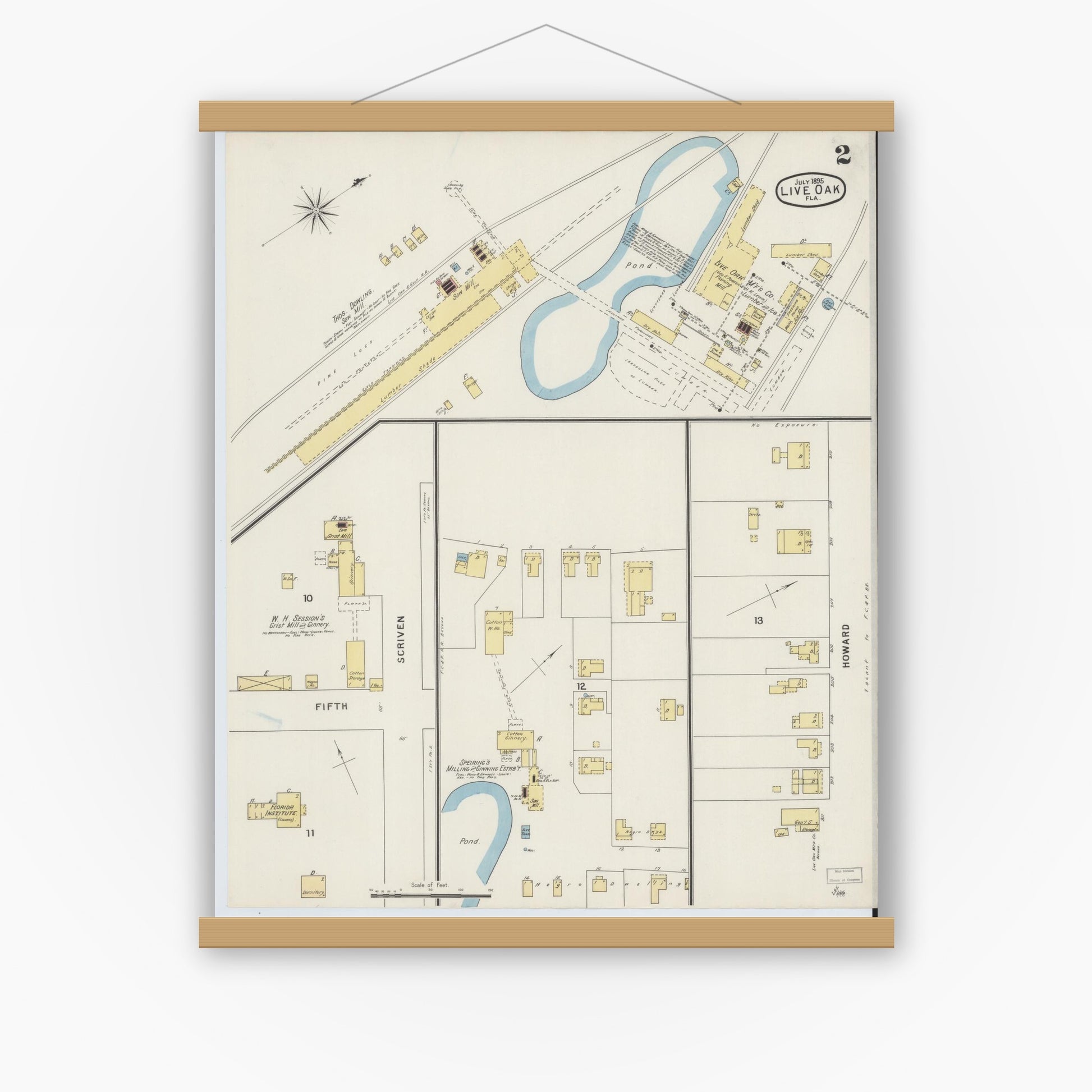 Old map wall art mockup — magnetic wood frame on white wall — Sanborn Fire Insurance Map from Live Oak, Suwanee County, Florida (1895), Sheet #0002