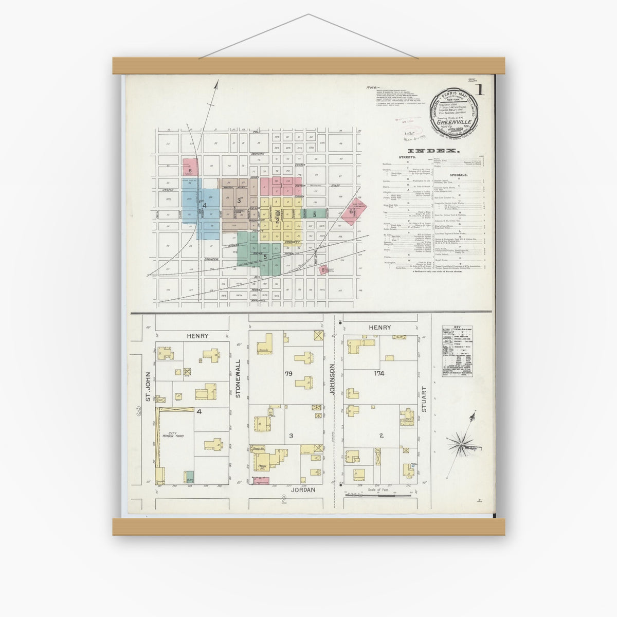 Old map wall art mockup — magnetic wood frame on white wall — Sanborn Fire Insurance Map from Greenville, Hunt County, Texas (1893) - Complete Map Set