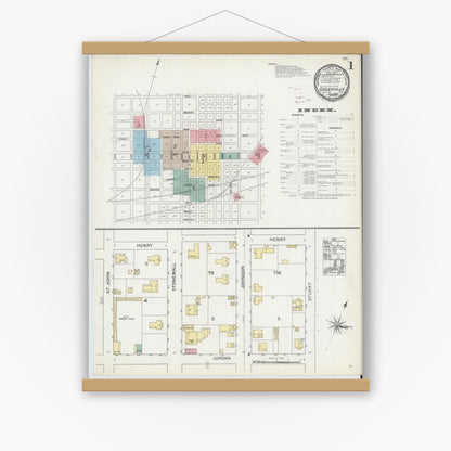 Old map wall art mockup — magnetic wood frame on white wall — Sanborn Fire Insurance Map from Greenville, Hunt County, Texas (1893) - Complete Map Set