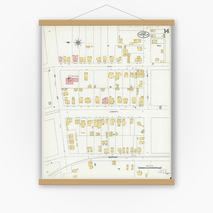 Old map wall art mockup — magnetic wood frame on white wall — Sanborn Fire Insurance Map from Franklin, Venango County, Pennsylvania (1906), Sheet #0014
