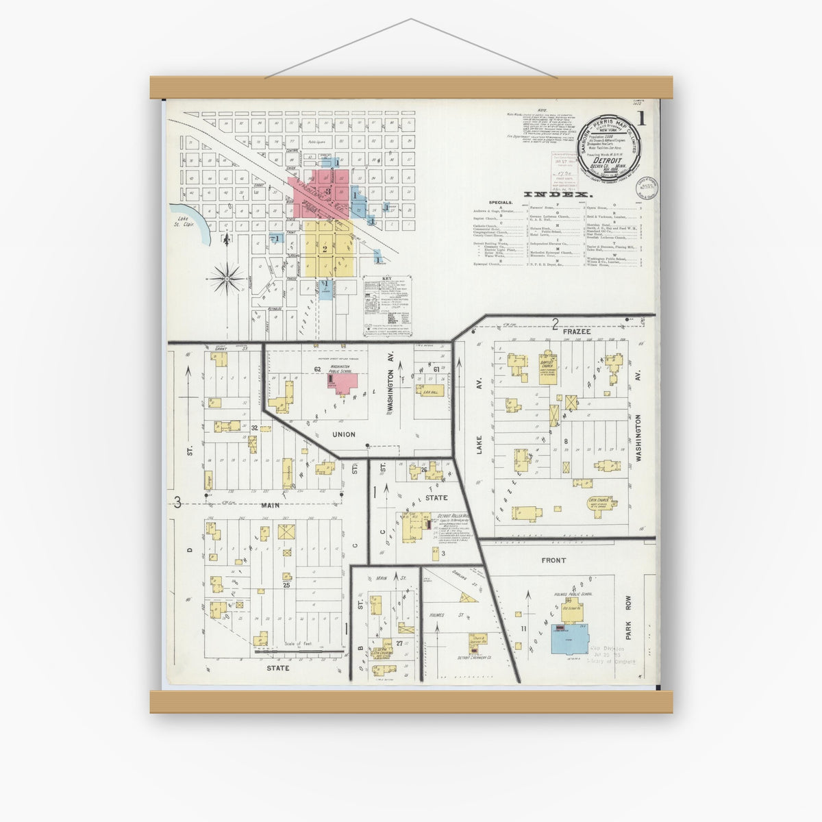 Old map wall art mockup — magnetic wood frame on white wall — Sanborn Fire Insurance Map from Detroit Lakes, Becker County, Minnesota (1899), Sheet #0001