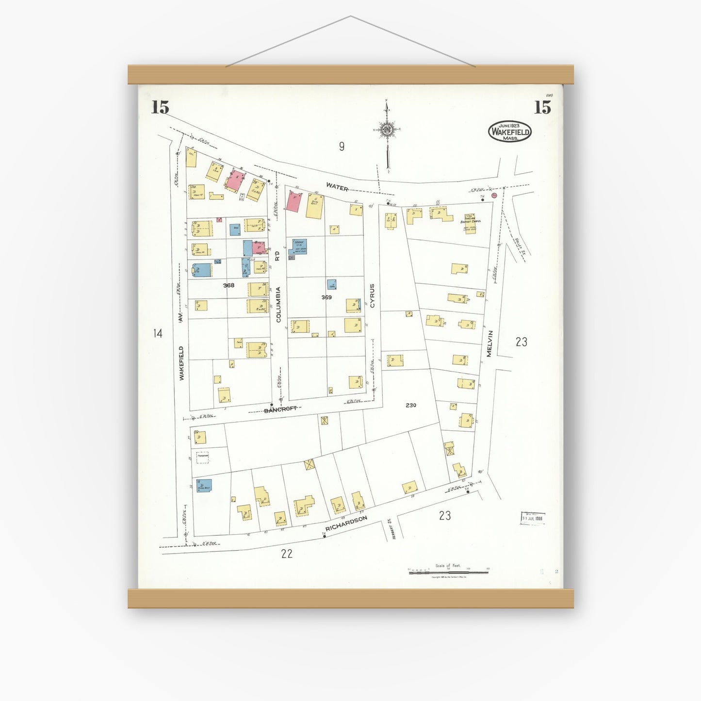Old map wall art mockup — magnetic wood frame on white wall — Sanborn Fire Insurance Map from Wakefield, Middlesex County, Massachusetts (1923), Sheet #0015