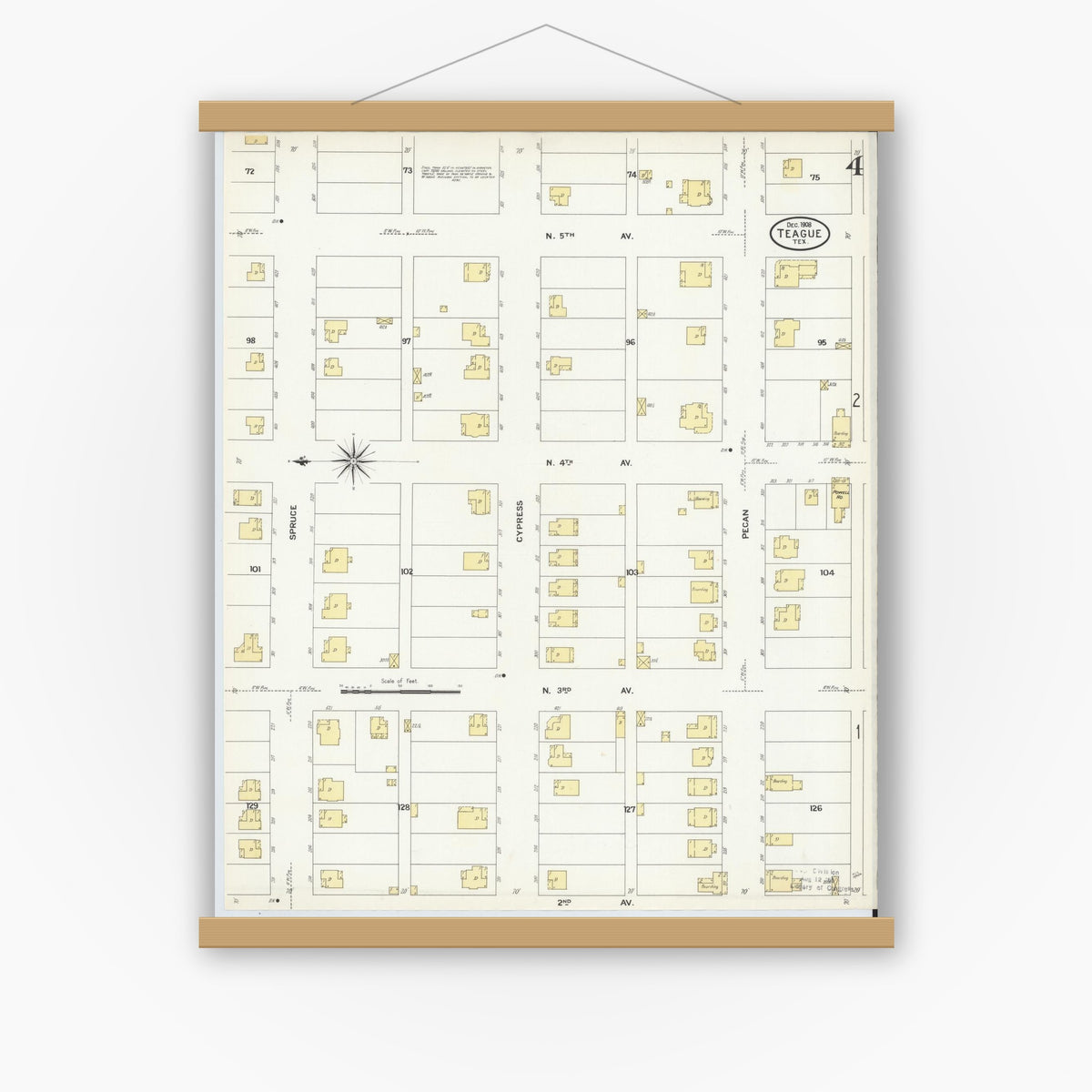 Old map wall art mockup — magnetic wood frame on white wall — Sanborn Fire Insurance Map from Teague, Freestone County, Texas (1908), Sheet #0004